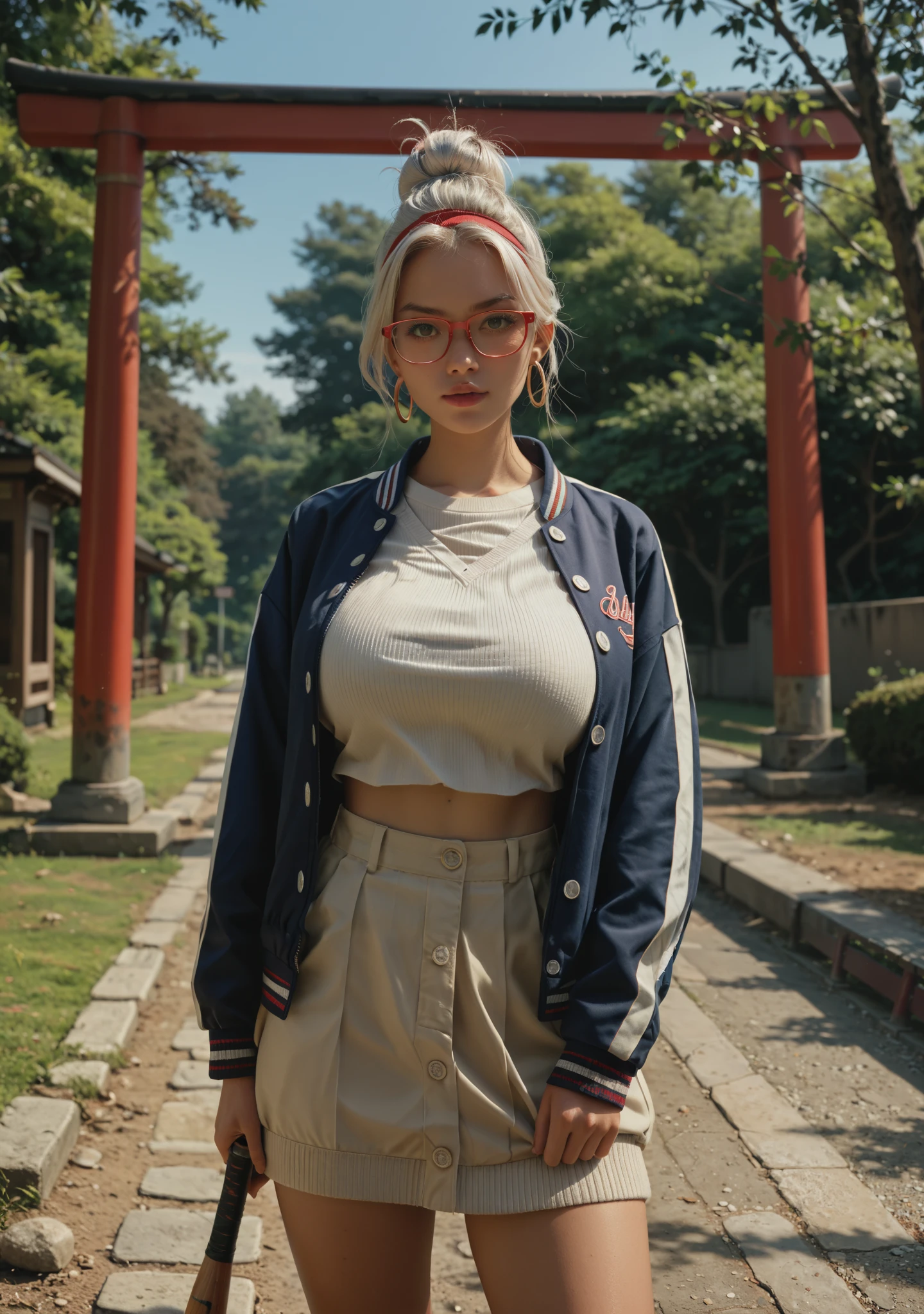 masterpiece, best quality, absurd, highres, cinematic light, 1 girl, Seiko_, white hair, long hair, red headband, big breasts, Red Glasses, hair bun, single hair bun, hoop earrings, jacket, letterman jacket, two-tone jacket, multicolored jacket, blue jacket, open jacket, yellow sweater, buttons, black cape, neckline , BREAKS soft light, baseball bat, over-the-shoulder gun, outdoors, blue sky, Torii, tree, standing, Looking at the viewer,