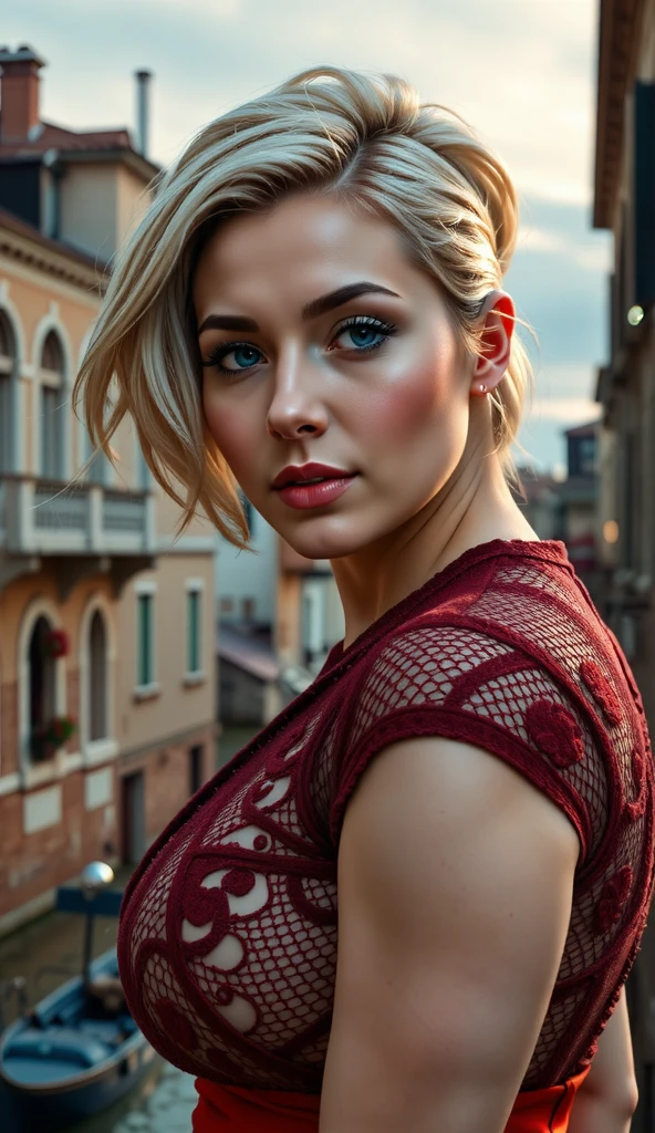 ultra-detailliert,Photorealsitic,photo realistic, dynamic lighting, very detailed faces, 4 k, 1girl, Create a visual representation of a stunning Russian girl with piercing blue eyes, and a sculpted, well-defined body, Seek details that emphasize the purity of the model's blue eyes, reflecting the serenity and depth of her soul. (big breasts),((big breasts)), ((wide hips)), ((thick)),((big thighs)),((big butt )),((albino white hair, punk style,Luxurious punk hair, Edgy punk fashion)),((hot red jumpsuit with lots of mesh details and intricate patterns)),Explore your creativity to create a captivating portrayal of this Russian girl, capturing her essence and beauty in a unique and engaging way, ((beautiful curves, big breasts, seductive curves, sexy girl, voluptuous and sexy, jawline beauty, seductive feminine curves)),((The beautiful scenery of Venice City is both poetic, romantic and equally attractive))