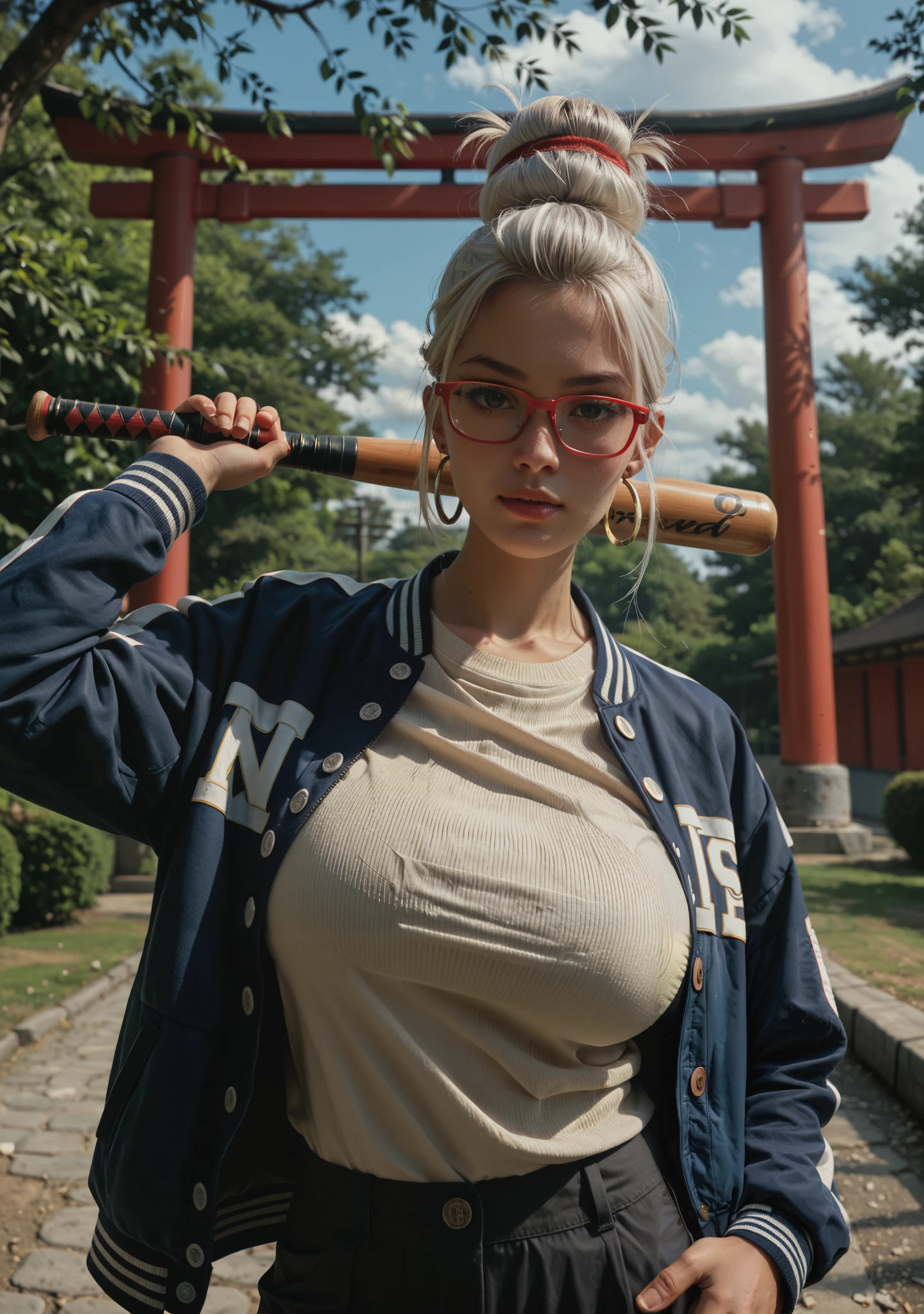 masterpiece, best quality, absurd, highres, cinematic light, 1 girl, Seiko_, white hair, long hair, red headband, big breasts, Red Glasses, hair bun, single hair bun, hoop earrings, jacket, letterman jacket, two-tone jacket, multicolored jacket, blue jacket, open jacket, yellow sweater, buttons, black cape, neckline , BREAKS soft light, baseball bat, over-the-shoulder gun, outdoors, blue sky, Torii, tree, standing, Looking at the viewer,