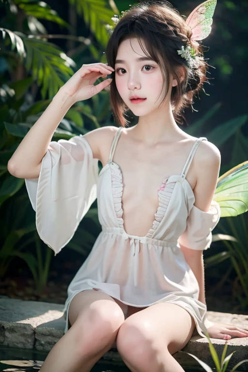 ((of the highest quality, 8K, masutepiece: 1.3, Raw photo)), Sharp Focus: 1.2, (1 AESPA Girl :1.1), (Solo: 1.2), (Realistic, Photorealistic: 1.37), (Face Focus: 1.1), Cute face, hyper detailed face, Small breasts, flat chest, Short messy hair, Small Smile, (sheer fabric:1.2), (off-shoulder chiffon dress: 1.1), nude, spread legs, garden, flower, Cattleya