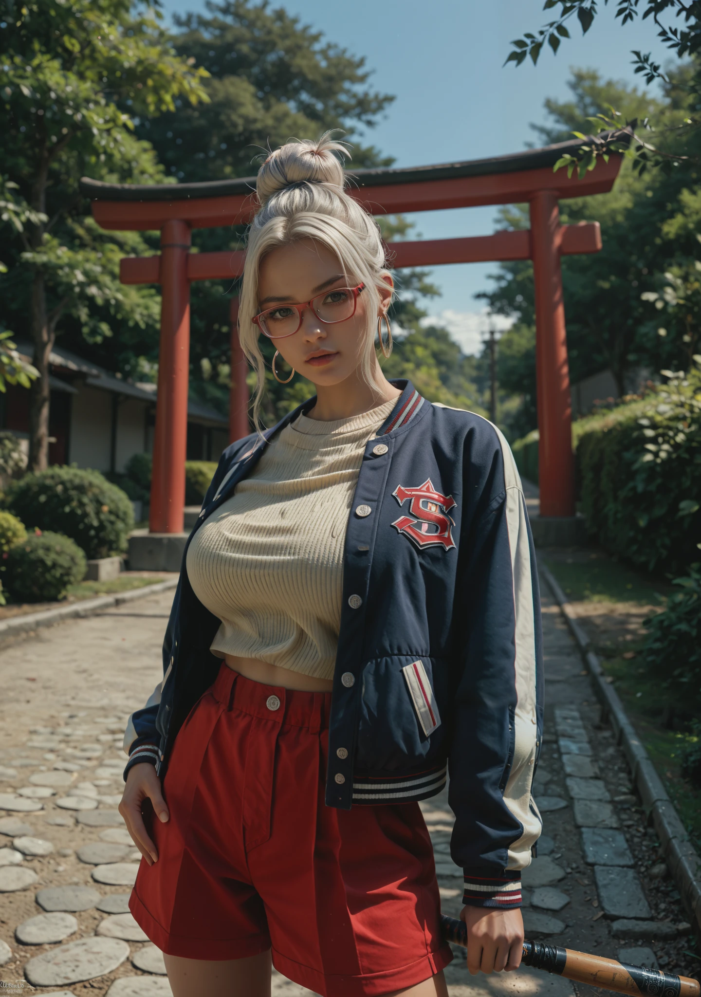 masterpiece, best quality, absurd, highres, cinematic light, 1 girl, Seiko_, white hair, long hair, red headband, big breasts, Red under rim Glasses, hair bun, single hair bun, hoop earrings, jacket, letterman jacket, two-tone jacket, multicolored jacket, blue jacket, open jacket, yellow sweater, buttons, black cape, neckline , BREAKS soft light, baseball bat, over-the-shoulder gun, outdoors, blue sky, Torii, tree, standing, Looking at the viewer,