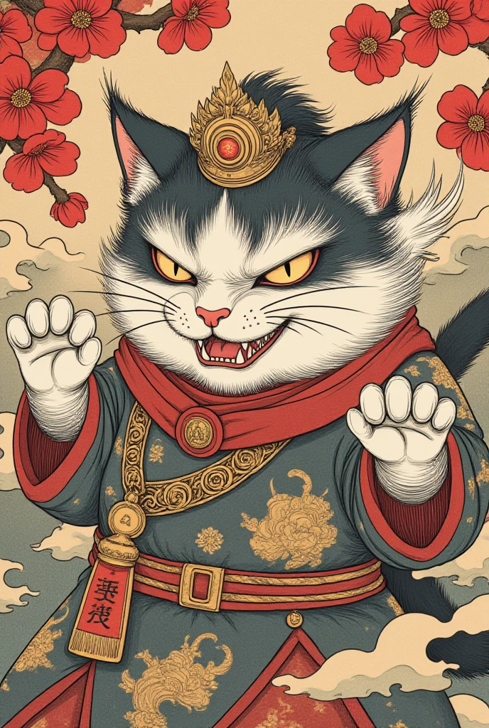 Quirky, super surreal character by Gabriel Pacheco, fluffy fat cat wind god thunder god, anthropomorphic cat, grinning mischievous smile, kadomatsu and red plum blossoms, Japanese New Year, grateful, unique, masterpiece, fun, funny, magical world, super detailed, precise, ukiyoe, colorful , doodle, ren's drawing, funny, super surreal, amusing