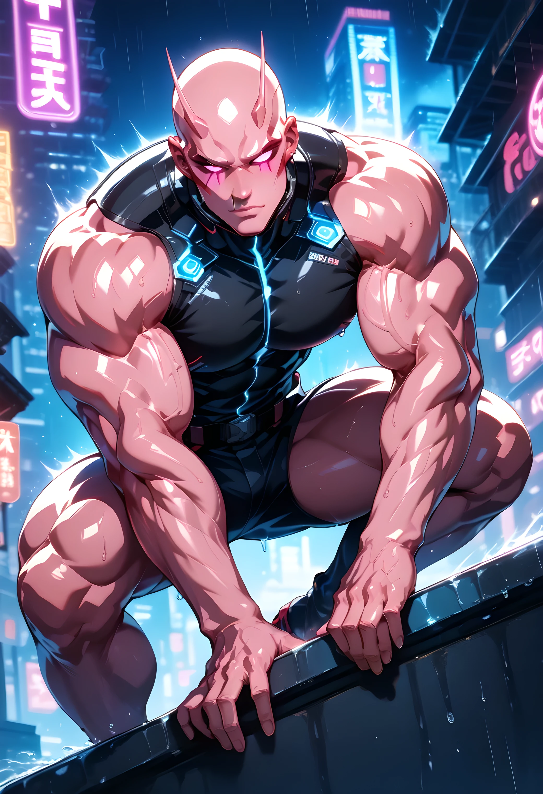 Cyberpunk, male elf, muscular body, purple and cyan hair, blue and pink eyes, naked body