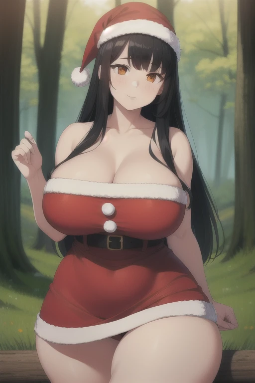 high quality, best quality, beautiful, perfect lighting, detailed face, ultra cute face, 1girl, solo, black hair, long hair, orange eyes, big breasts, large breats, huge breats, thick thighs, outdoors, field, forest, santa dress, day, winter, forest