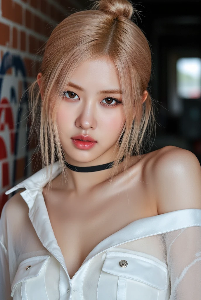 Realistic (photorealistic Realism), (high resolution), ((intricately detailed digital art)), professional photography, ((portrait)) a [[Rosé from blackpink]], (ultra realistic texture details: velvety skin, hair),(close- up eyes:1.3),((sharp focus, no blurry, high resolution, absurd quality, Realistic brown_eyes:1.4), intricately detailed:1.3), ((extremely fine details eyes)), ((extra narrow eyebrows)), (Carefully draw Long eyelashes), (perfect round eyes:1.3), (finely detailed pupils:1.3), ((extremely fine details pupils:1.3)), ((extremely fine details iris of the eyes:1.3)), (Shining, mesmerizing, Vibrant eyes:1.2), (professional makeup:1.4), ((perfect eyeshadows:1.4)), detailed lips:1.3, (apply glossy red_lipstick:1.34), (pink_makeup:1.3), (beautiful little nose), (perfect proportions:1.2),(small head),(anatomically correct), perfect female body, (firm and full breasts), (Super beautiful), (vivid and colorful), The attention to detail, focus of girl, dynamic pose, sexy and seductive, flirty smile, dslr, high quality split lighting, sharp focus captured by Fujifilm XT3, f 5.6, in a dramatic lighting. (perfect composition), (Style your hair, Long Hair, Blonde, My hair is messy, ((pink)) highlights, has hair on one eye), choker, ((Brick wall, Graffiti)), (oversized shirt,Outside the shoulder, transparent white shirt), exquisite balance of shadows, look at the viewer,