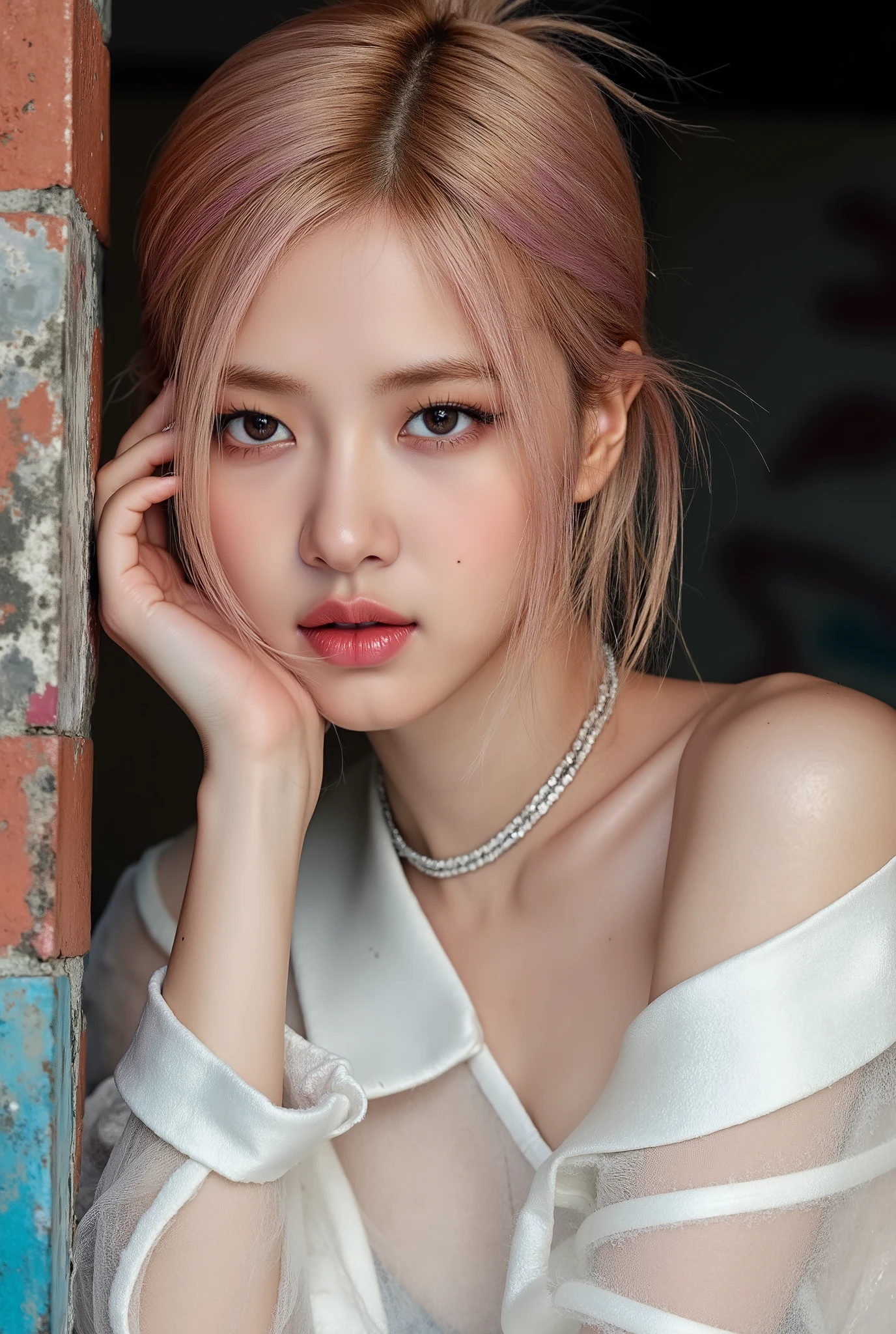 Realistic (photorealistic Realism), (high resolution), ((intricately detailed digital art)), professional photography, ((portrait)) a [[Rosé from blackpink]], (ultra realistic texture details: velvety skin, hair),(close- up eyes:1.3),((sharp focus, no blurry, high resolution, absurd quality, Realistic brown_eyes:1.4), intricately detailed:1.3), ((extremely fine details eyes)), ((extra narrow eyebrows)), (Carefully draw Long eyelashes), (perfect round eyes:1.3), (finely detailed pupils:1.3), ((extremely fine details pupils:1.3)), ((extremely fine details iris of the eyes:1.3)), (Shining, mesmerizing, Vibrant eyes:1.2), (professional makeup:1.4), ((perfect eyeshadows:1.4)), detailed lips:1.3, (apply glossy red_lipstick:1.34), (pink_makeup:1.3), (beautiful little nose), (perfect proportions:1.2),(small head),(anatomically correct), perfect female body, (firm and full breasts), (Super beautiful), (vivid and colorful), The attention to detail, focus of girl, dynamic pose, sexy and seductive, flirty smile, dslr, high quality split lighting, sharp focus captured by Fujifilm XT3, f 5.6, in a dramatic lighting. (perfect composition), (Style your hair, Long Hair, Blonde, My hair is messy, ((pink)) highlights, has hair on one eye), choker, ((Brick wall, Graffiti)), (oversized shirt,Outside the shoulder, transparent white shirt), exquisite balance of shadows, look at the viewer,