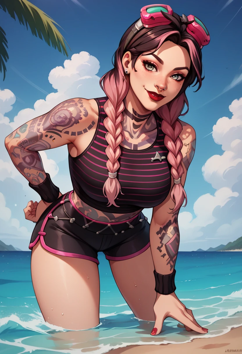 (obra de arte, melhor qualidade:1.2), 1 garota, Sozinho, Obra-prima, estilo surfer witch  fortnite 1.2, epic quality), Realistic, cara bonito, (imagem real, detalhes intrincados, profundidade de campo), (1girl, sozinho), compor, separated-lips, altamente detalhado, rosto perfeito, voluptuoso, girl athletic body, muscula, , massive breasts, big ass, curvy ultra detailed eyes and face, sexy girl, shorts jeans azul, cinto rosa, bare arms, tatuagem de estrela preta no ombro esquerdo , bracelets on the left arm,  blue sneakers, blusa de alsa preta com simbolo correto  de estrela de 5 pontas na blusa, cabelo rosa, cabelo curto,  cabelo com cocks , olhos rosa ultra detalhado, corpo ultra detalhado, umbigos nu