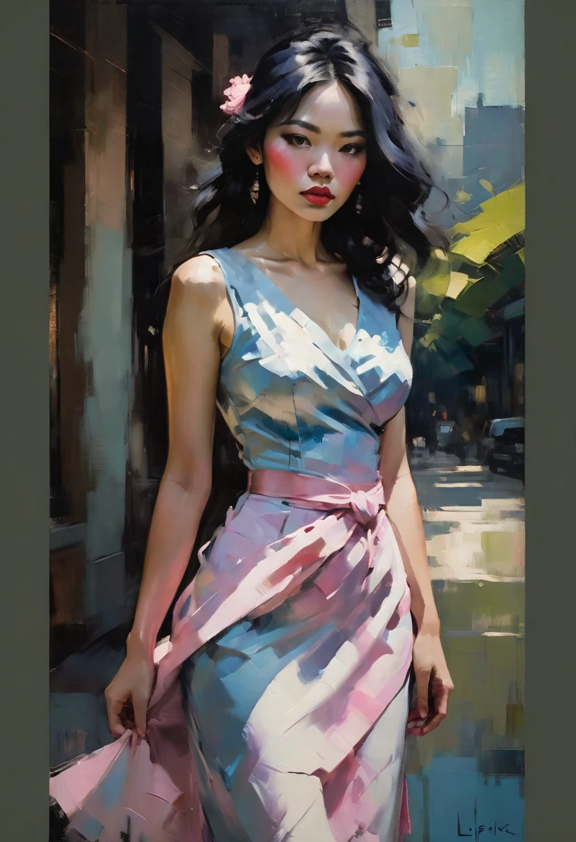 Create a contemporary portrait of a beautiful woman wearing Myanmar outfit dress in the expressive and painterly style of Malcolm Liepke, utilizing a palette of light pink, muted blue, dark grayish blue, bright blue, very dark gray, and light grayish blue. The portrait should feature a close-up of the subject's face with strong, dynamic brushstrokes and a focus on capturing the depth and texture characteristic of Liepke's work. Use light pink and bright blue for the highlights and vibrant areas, while employing muted blue, dark grayish blue, very dark gray, and light grayish blue to create shadows and depth. Ensure the background complements the portrait with subtle variations of the same color palette, evoking a sense of modern elegance and emotional intensity