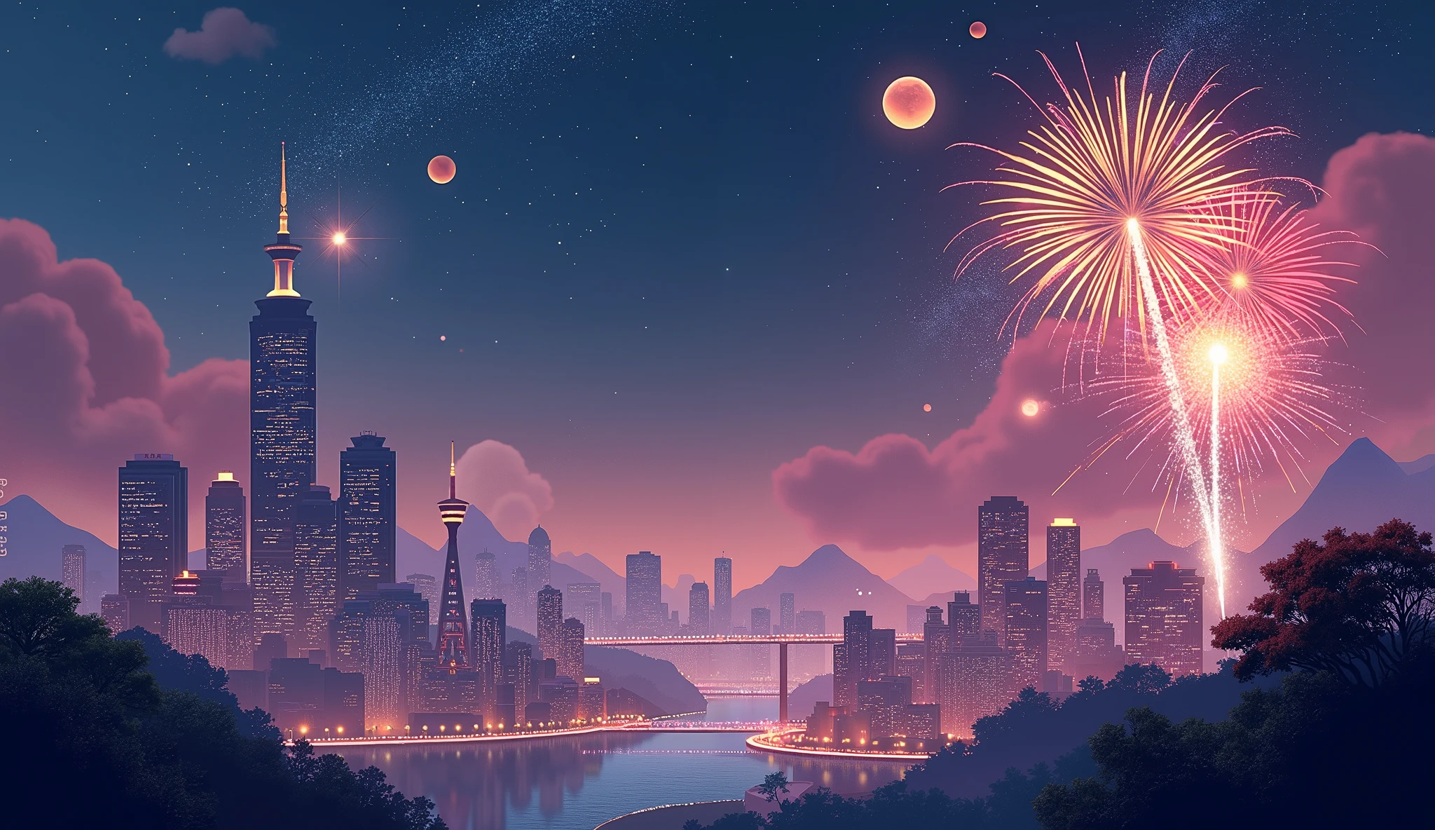 Create a vibrant and atmospheric night-time cityscape background for a New Year event. The scene features tall skyscrapers with glowing lights, set against a deep, starry night sky. Fireworks explode above the city, with colorful bursts of gold, red, and white lighting up the sky. The smoke from the fireworks drifts across the scene, adding a magical and celebratory touch. Radiant beams of light and soft glowing orbs float in the air, enhancing the festive, futuristic vibe. The overall atmosphere is lively, full of energy and excitement, with vivid, dynamic colors contrasting against the dark night sky