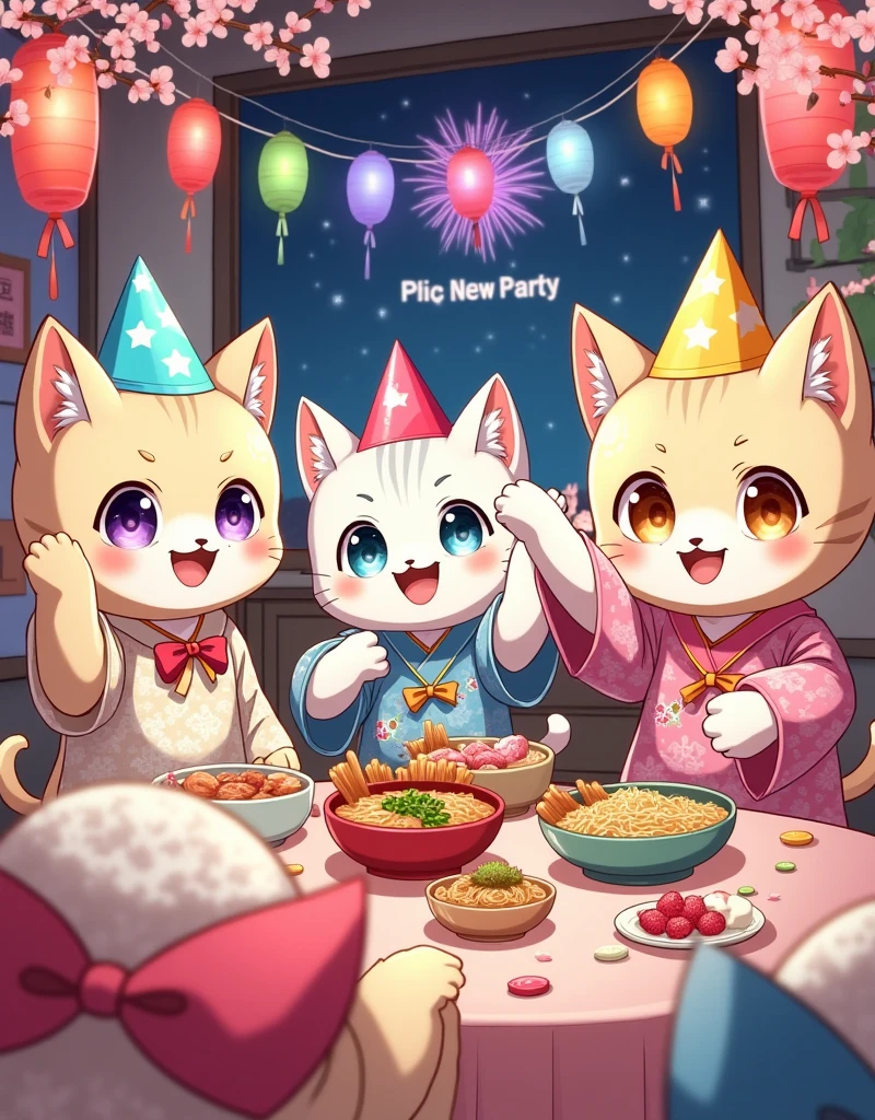 A lively New Year Party scene drawn in a fantasy anime style. The focus is on several cute kittens, with large, expressive eyes and dynamic poses. They are all wearing colorful, triangular party hats with exaggerated points. The kittens are dressed in playful, anime-inspired outfits, such as tiny kimonos with floral patterns, and little school uniforms with bright bows. The party is held in a vibrant, anime-style room filled with colorful decorations, such as paper lanterns, streamers, and cherry blossom branches. The tables are overflowing with delicious-looking treats, including colorful candies, rice balls, and small bowls of ramen. The background features a detailed night sky with cartoonish fireworks and the text "New Year Party" displayed in a playful font. The overall image is characterized by vibrant colors, dynamic action lines, and a lighthearted, energetic feel.