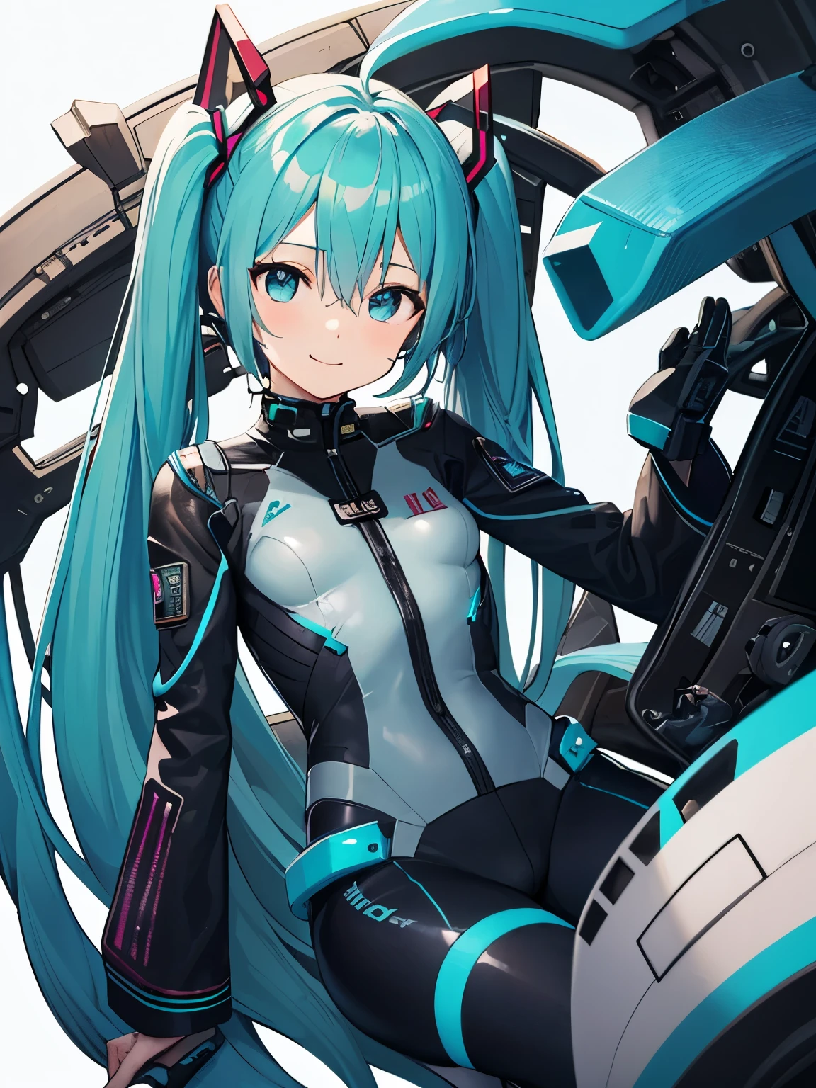  Sugar Angle ,  Hatsune Miku , (Hatsune's friend ), (( 1 Woman )), so cute, Hair between the eyes ,  headgear  ,  turquoiseの髪, ( Extra Long Twin Tail ),((( The background is inside the cockpit of the first unit ))) (頭部は  Hatsune Miku ),smile,(  intricate plug suit design 、 turquoise, white, Black and Black), ( This suit has an Aska design and the 、It's very shiny ),  Long Sleeve  , (Asuka&#39;s plug suit ), (  cowboy shot ), (masterpiece:1.2),  top quality ,  High Definition  , ( with great details 、輝く瞳 :1.6),  detailed face ,  perfect lighting,  very detailed CG pinching boob , (perfect hand, COMPLETE ANATOMY ),( suit comes with many plugs and interfaces ), SUIT LIKE SLINGSHOT ,The part is not covered due to its role as a ,