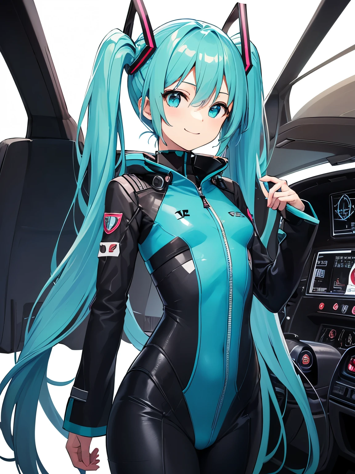  Sugar Angle ,  Hatsune Miku , (Hatsune's friend ), (( 1 Woman )), so cute, Hair between the eyes ,  headgear  ,  turquoiseの髪, ( Extra Long Twin Tail ),((( The background is inside the cockpit of the first unit ))) (頭部は  Hatsune Miku ),smile,(  intricate plug suit design 、 turquoise, white, Black and Black), ( This suit has an Aska design and the 、It's very shiny ),  Long Sleeve  , (Asuka&#39;s plug suit ), (  cowboy shot ), (masterpiece:1.2),  top quality ,  High Definition  , ( with great details 、輝く瞳 :1.6),  detailed face ,  perfect lighting,  very detailed CG pinching boob , (perfect hand, COMPLETE ANATOMY ),( suit comes with many plugs and interfaces ), SUIT LIKE SLINGSHOT ,The part is not covered due to its role as a ,