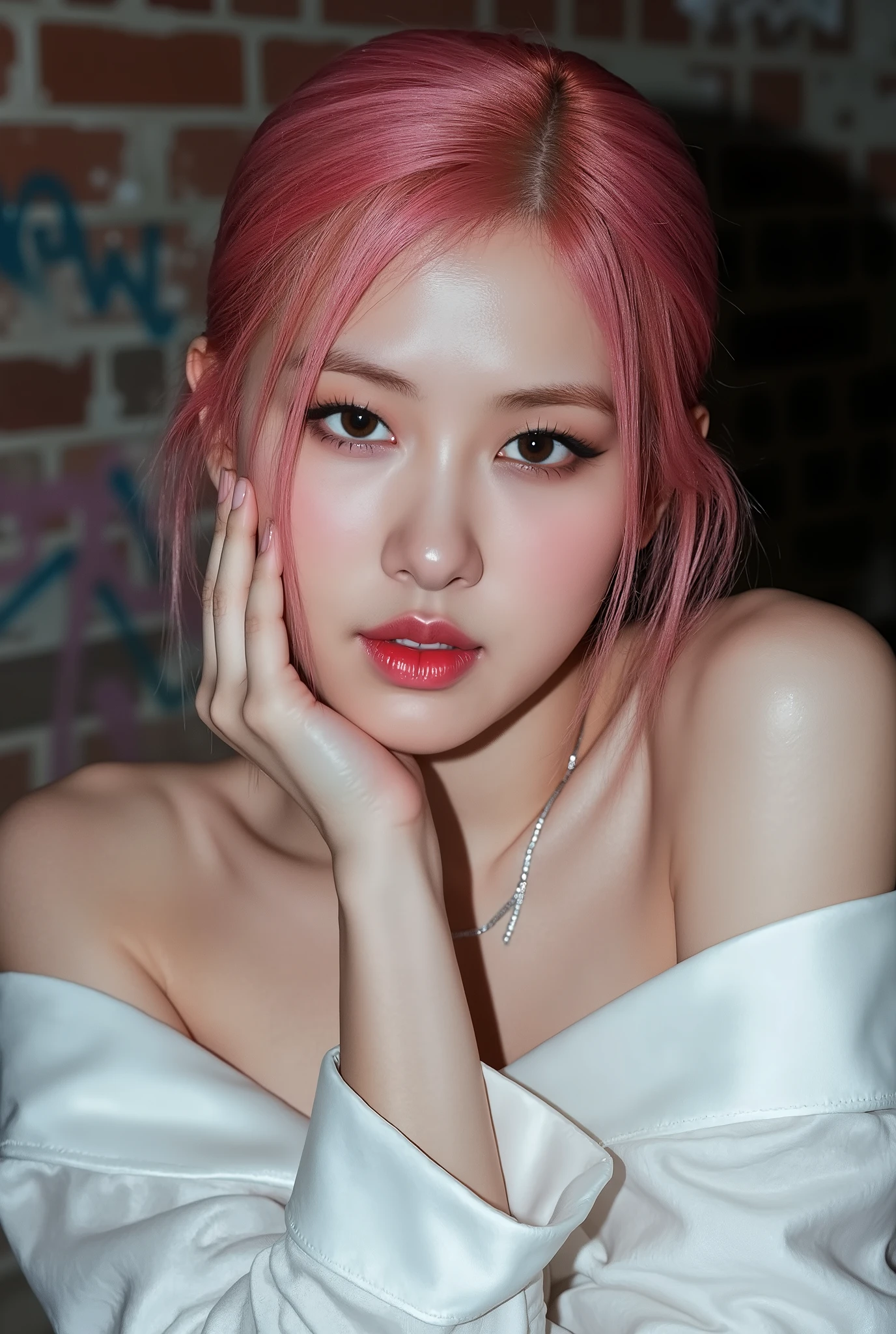 Realistic (photorealistic Realism), (high resolution), ((intricately detailed digital art)), professional photography, ((portrait)) a [[Rosé from blackpink]], (ultra realistic texture details: velvety skin, hair),(close- up eyes:1.3),((sharp focus, no blurry, high resolution, absurd quality, Realistic brown_eyes:1.3), intricately detailed:1.35), ((extremely fine details eyes)), ((extra narrow eyebrows)), (Carefully draw Long eyelashes), (perfect round eyes:1.3), (finely detailed pupils:1.3), ((extremely fine details pupils:1.3)), ((extremely fine details iris of the eyes:1.3)), (Shining, mesmerizing, Vibrant eyes:1.2), (professional makeup:1.4), ((perfect eyeshadows:1.4)), detailed lips:1.3, (apply glossy red_lipstick:1.34), (pink_makeup:1.3), (beautiful little nose), (perfect proportions:1.2),(small head),(anatomically correct), perfect female body, (firm and full breasts), (Super beautiful), (vivid and colorful), The attention to detail, focus of girl, dynamic pose, sexy and seductive, flirty smile, dslr, high quality split lighting, sharp focus captured by Fujifilm XT3, f 5.6, in a dramatic lighting. (perfect composition), (Style your hair, Long Hair, Blonde, My hair is messy, ((pink)) highlights, has hair on one eye), choker, ((Brick wall, Graffiti)), (oversized shirt,Outside the shoulder, transparent white shirt), exquisite balance of shadows, look at the viewer,