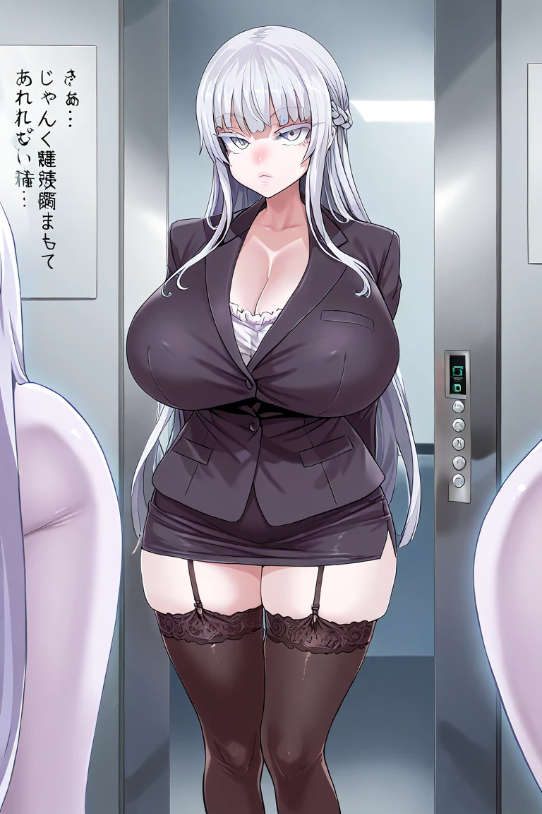 ((multiple_girls)), (translucent), (ghost girl), milf, mature, bishoujo, office lady, waitress, pale_skin, white hair, white eyes, closed_mouth, huge breasts, business_suit, student, school_uniform, expressionless, standing, sexy body, good quality, asanagi, (masterpiece), dark_fantasy, ((elevator))