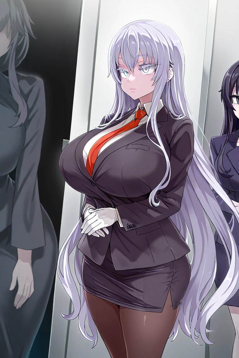 ((multiple_girls)), (translucent), (ghost girl), milf, mature, bishoujo, office lady, waitress, pale_skin, white hair, white eyes, closed_mouth, huge breasts, business_suit, student, school_uniform, expressionless, standing, sexy body, good quality, asanagi, (masterpiece), dark_fantasy, ((elevator))