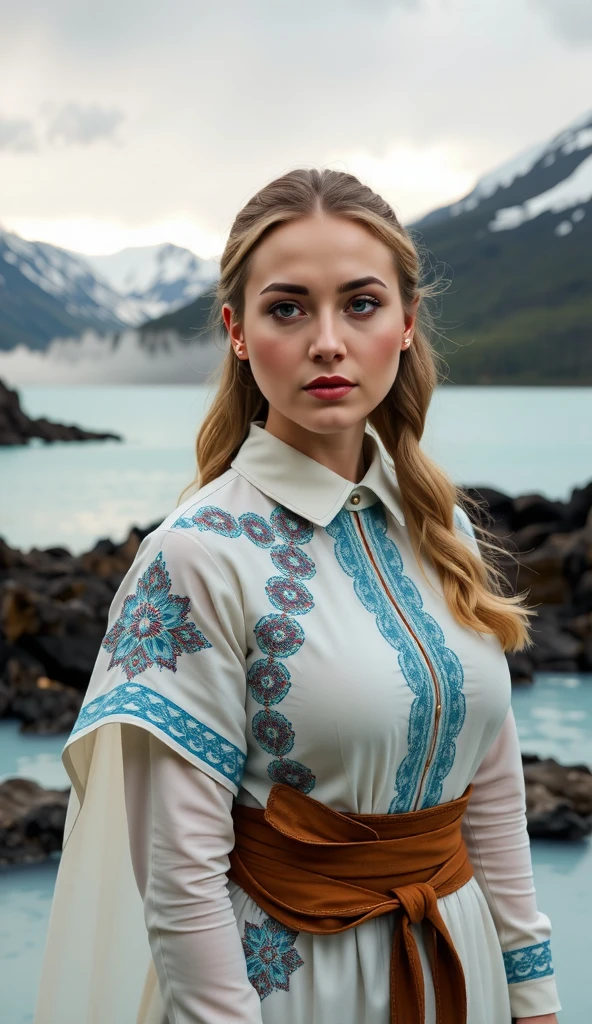 A portrait of a woman in Icelandic dress with the Blue Lagoon’s steamy waters and snow-capped mountains creating a majestic backdrop.
,BODYRUBY-FLUX