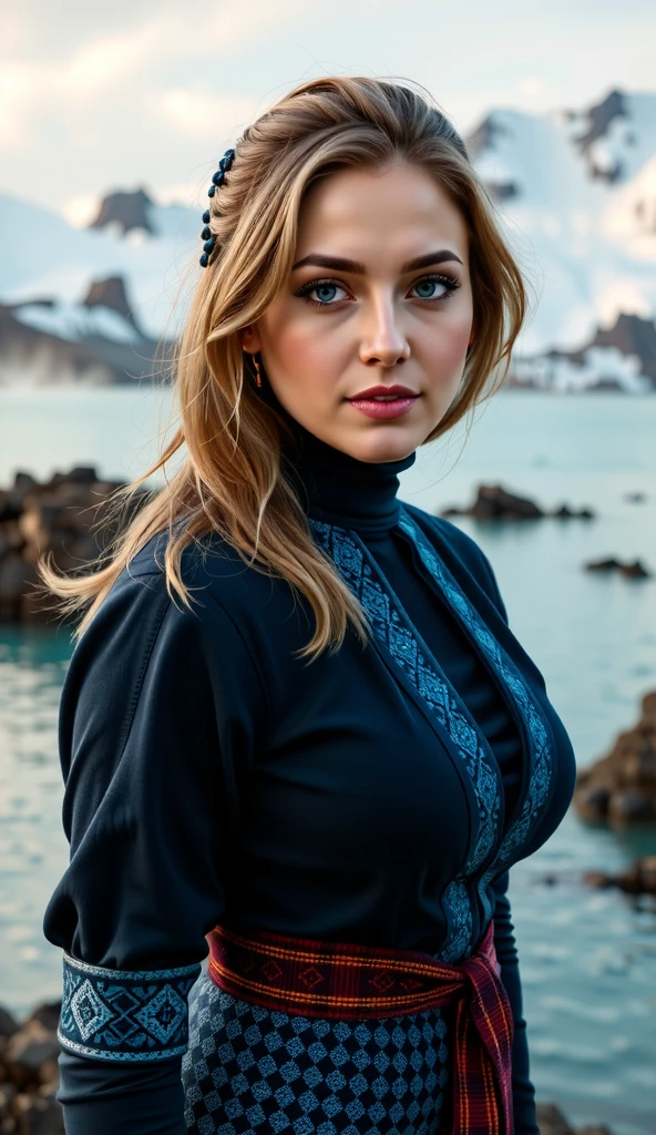 A portrait of a woman in Icelandic dress with the Blue Lagoon’s steamy waters and snow-capped mountains creating a majestic backdrop.
,BODYRUBY-FLUX