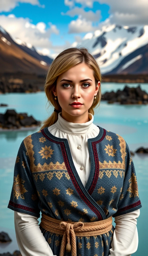 A portrait of a woman in Icelandic dress with the Blue Lagoon’s steamy waters and snow-capped mountains creating a majestic backdrop.
,BODYRUBY-FLUX