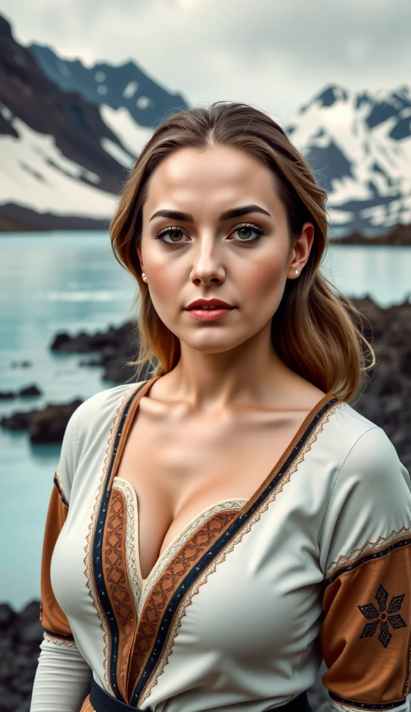 A portrait of a woman in Icelandic dress with the Blue Lagoon’s steamy waters and snow-capped mountains creating a majestic backdrop.
,BODYRUBY-FLUX