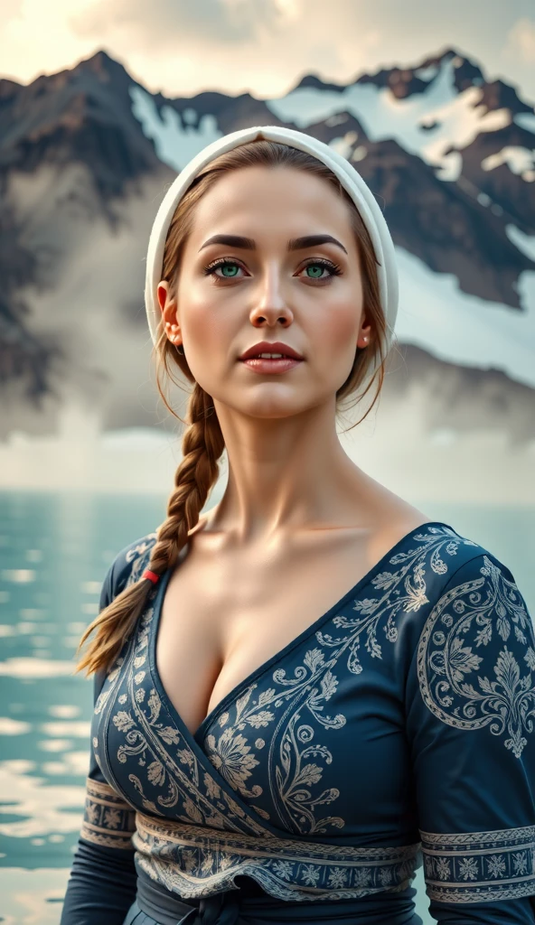 A portrait of a woman in Icelandic dress with the Blue Lagoon’s steamy waters and snow-capped mountains creating a majestic backdrop. ,BODYRUBY-FLUX