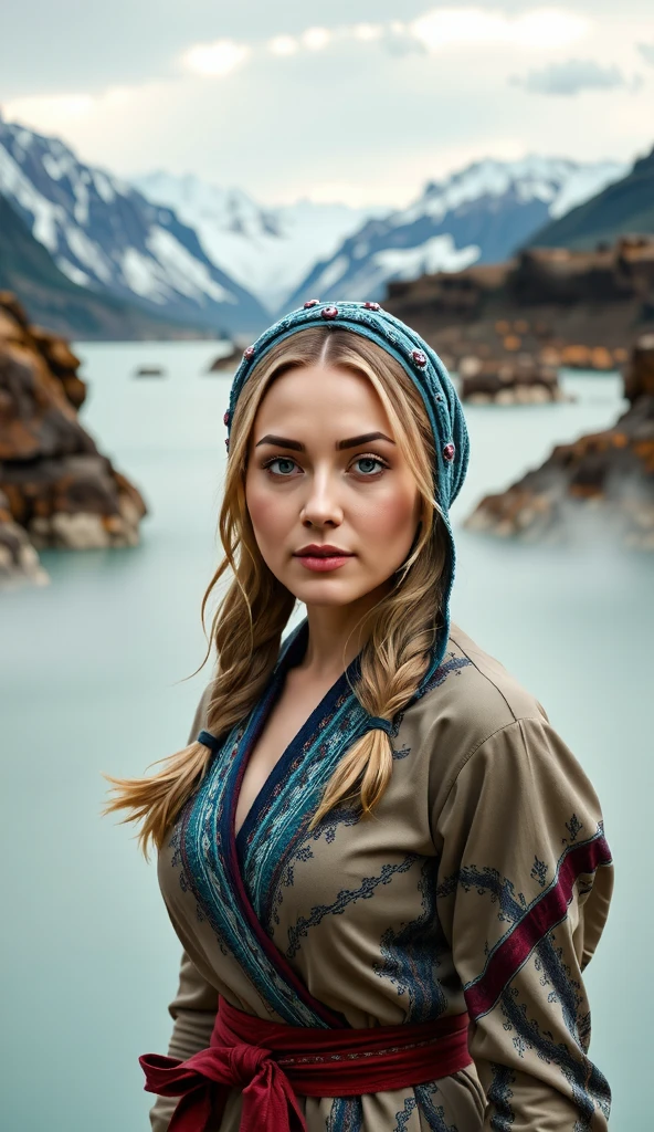 A portrait of a woman in Icelandic dress with the Blue Lagoon’s steamy waters and snow-capped mountains creating a majestic backdrop. ,BODYRUBY-FLUX