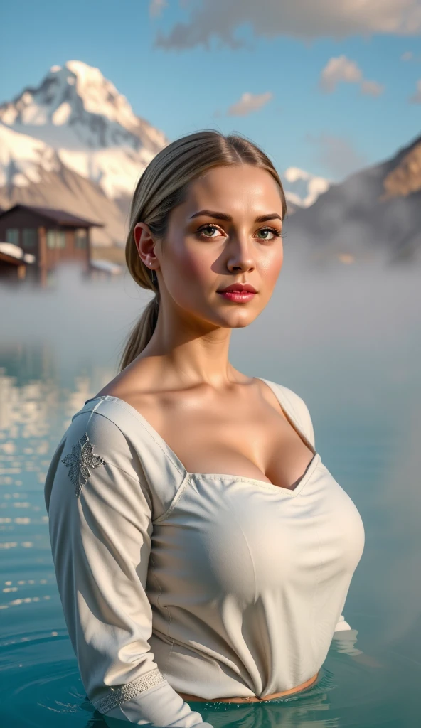 A portrait of a woman in Icelandic dress with the Blue Lagoon’s steamy waters and snow-capped mountains creating a majestic backdrop. ,BODYRUBY-FLUX