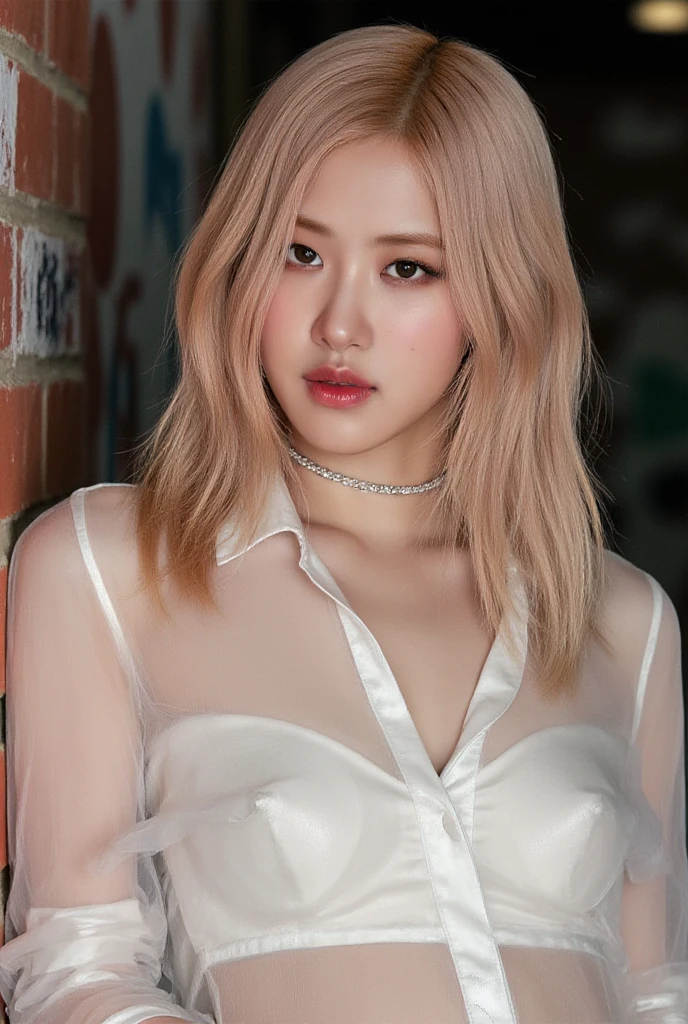 Realistic (photorealistic Realism), (high resolution), ((intricately detailed digital art)), professional photography, ((portrait)) a [[Rosé from blackpink]], (ultra realistic texture details: velvety skin, hair),(close- up eyes:1.3),((sharp focus, no blurry, high resolution, absurd quality, Realistic brown_eyes:1.4), intricately detailed:1.3), ((extremely fine details eyes)), ((extra narrow eyebrows)), (Carefully draw Long eyelashes), (perfect round eyes:1.3), (finely detailed pupils:1.3), ((extremely fine details pupils:1.3)), ((extremely fine details iris of the eyes:1.3)), (Shining, mesmerizing, Vibrant eyes:1.2), (professional makeup:1.4), ((perfect eyeshadows:1.4)), detailed lips:1.3, (apply glossy red_lipstick:1.34), (pink_makeup:1.3), (beautiful little nose), (perfect proportions:1.2),(small head),(anatomically correct), perfect female body, (firm and full breasts), (Super beautiful), (vivid and colorful), The attention to detail, focus of girl, dynamic pose, sexy and seductive, flirty smile, dslr, high quality split lighting, sharp focus captured by Fujifilm XT3, f 5.6, in a dramatic lighting. (perfect composition), (Style your hair, Long Hair, Blonde, My hair is messy, ((pink)) highlights, has hair on one eye), choker, ((Brick wall, Graffiti)), (oversized shirt,Outside the shoulder, transparent white shirt), exquisite balance of shadows, look at the viewer,