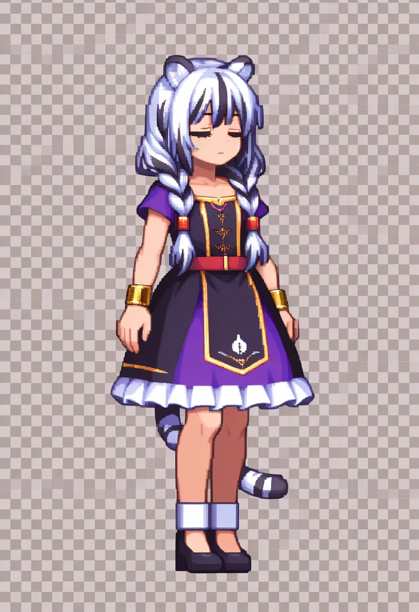 masterpiece, best quality, solo, 1girl,  simple background, full body, pixel art, white background, white tiger ears, white tiger tail, closed eyes, purple dress, black dress, multicolored dress, bracelets, runic dress, magical dress, low twin braids.