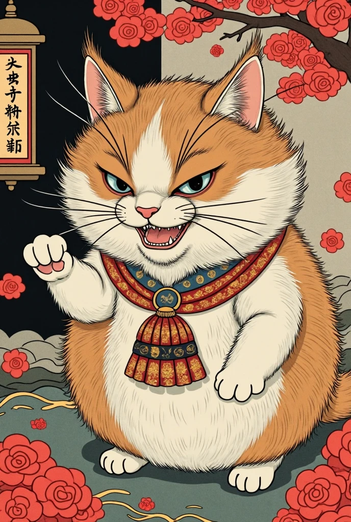 Quirky, super surreal character by Gabriel Pacheco, fluffy fat cat wind god thunder god, anthropomorphic cat, grinning mischievous smile, kadomatsu and red plum blossoms, Japanese New Year, grateful, unique, masterpiece, fun, funny, magical world, super detailed, precise, ukiyoe, colorful , doodle, ren's drawing, funny, super surreal, amusing