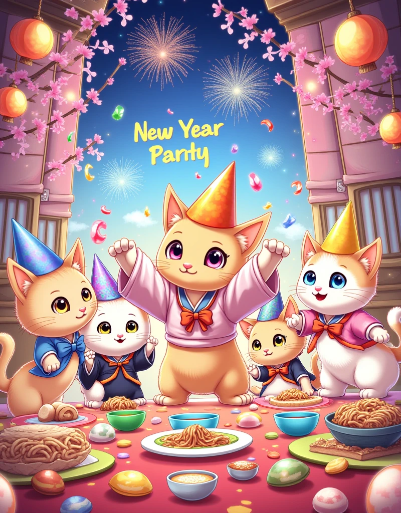 A lively New Year Party scene drawn in a fantasy anime style. The focus is on several cute kittens, with large, expressive eyes and dynamic poses. They are all wearing colorful, triangular party hats with exaggerated points. The kittens are dressed in playful, anime-inspired outfits, such as tiny kimonos with floral patterns, and little school uniforms with bright bows. The party is held in a vibrant, anime-style room filled with colorful decorations, such as paper lanterns, streamers, and cherry blossom branches. The tables are overflowing with delicious-looking treats, including colorful candies, rice balls, and small bowls of ramen. The background features a detailed night sky with cartoonish fireworks and the text "New Year Party" displayed in a playful font. The overall image is characterized by vibrant colors, dynamic action lines, and a lighthearted, energetic feel.