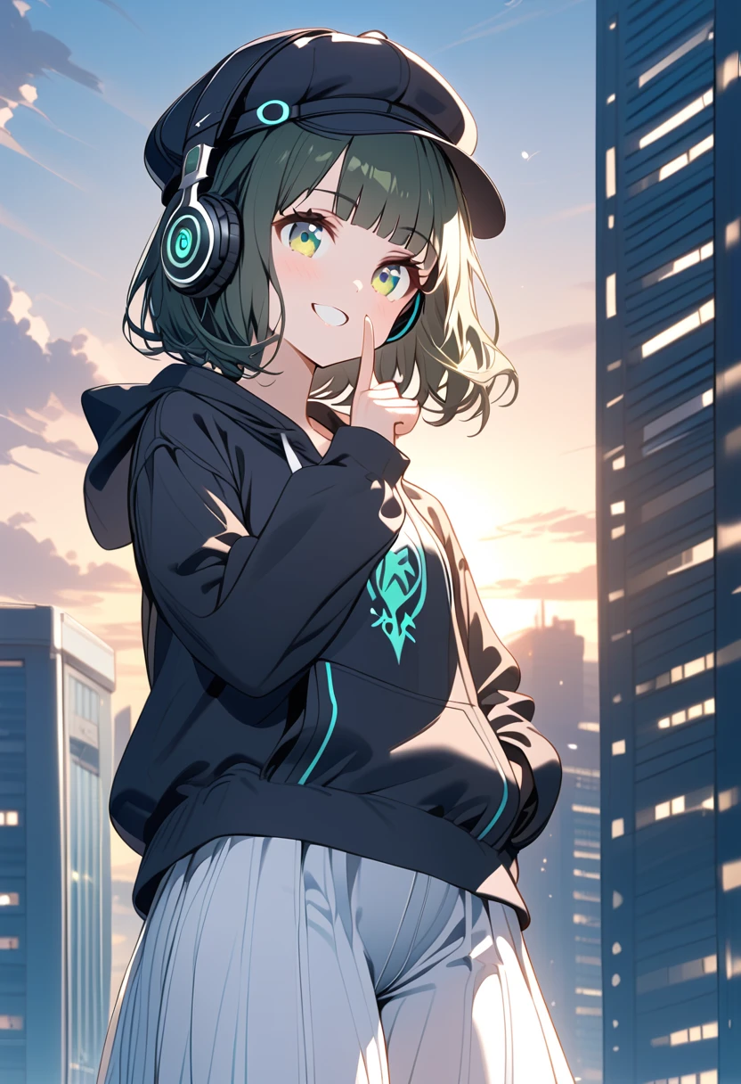 {{{masterpiece}}}, {{{ top quality }}}, {{ ultra detail}}, { cute, detail eyes},  1 girl, Alone, (black hair,bob cut,wavy hair),((green eyes)), (blunt bangs), (((black headphones))),((black hoodie))),((cabbie hat)),(white palazzo pants),((standing)),shushing,grin.white teeth,black hair,Midea,jade green eyes,clear sky,sunrise,skyscraper