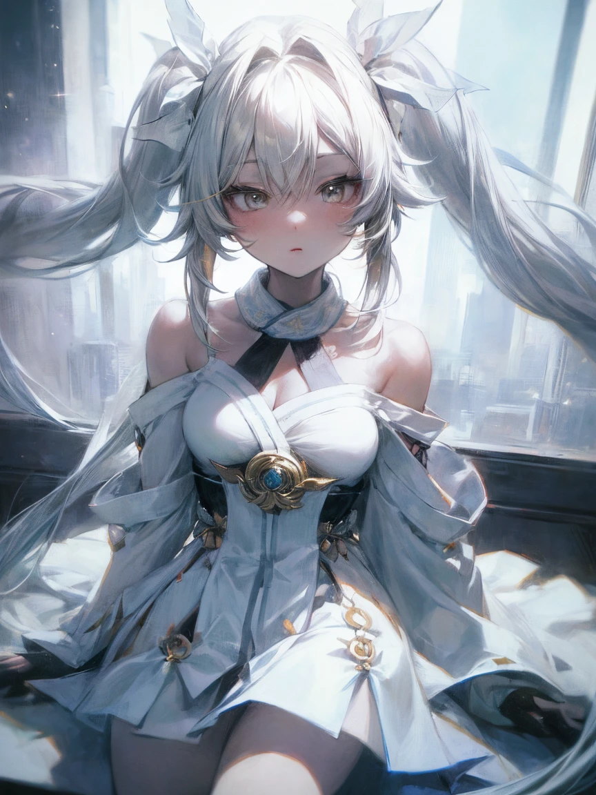 (masterpiece, highest quality:1.2)、(1 girl)、,albino,white hair,white skin, gray eyes, very long hair, (twintail:1.4),  gold hair accesory, she wearing a off shoulder sexy and exposing miko outfit