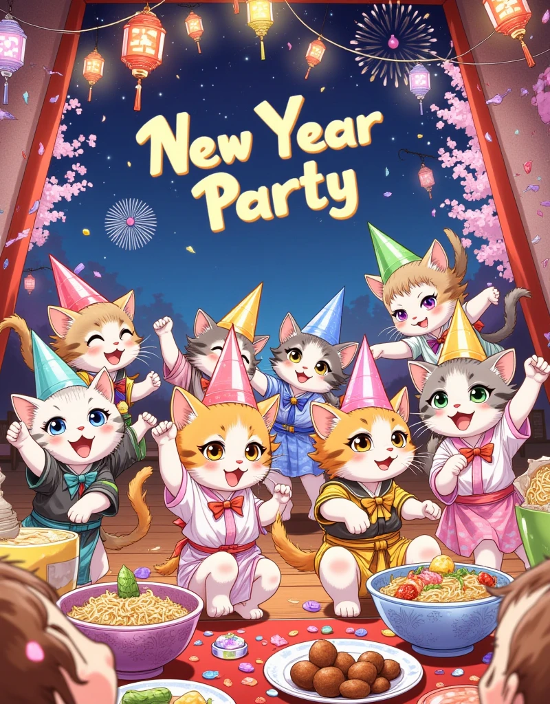 A lively New Year Party scene drawn in a fantasy anime style. The focus is on several cute kittens, with large, expressive eyes and dynamic poses. They are all wearing colorful, triangular party hats with exaggerated points. The kittens are dressed in playful, anime-inspired outfits, such as tiny kimonos with floral patterns, and little school uniforms with bright bows. The party is held in a vibrant, anime-style room filled with colorful decorations, such as paper lanterns, streamers, and cherry blossom branches. The tables are overflowing with delicious-looking treats, including colorful candies, rice balls, and small bowls of ramen. The background features a detailed night sky with cartoonish fireworks and the text "New Year Party" displayed in a playful font. The overall image is characterized by vibrant colors, dynamic action lines, and a lighthearted, energetic feel.