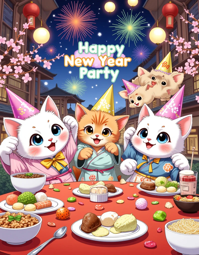 A lively New Year Party scene drawn in a fantasy anime style. The focus is on several cute kittens, with large, expressive eyes and dynamic poses. They are all wearing colorful, triangular party hats with exaggerated points. The kittens are dressed in playful, anime-inspired outfits, such as tiny kimonos with floral patterns, and little school uniforms with bright bows. The party is held in a vibrant, anime-style room filled with colorful decorations, such as paper lanterns, streamers, and cherry blossom branches. The tables are overflowing with delicious-looking treats, including colorful candies, rice balls, and small bowls of ramen. The background features a detailed night sky with cartoonish fireworks and the text "New Year Party" displayed in a playful font. The overall image is characterized by vibrant colors, dynamic action lines, and a lighthearted, energetic feel.