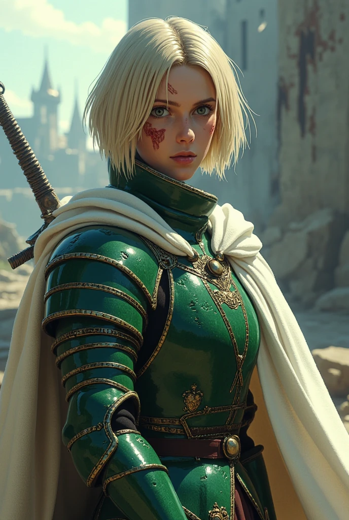 A russian female knight, grey eyes, light blonde choppy bob hairstyles, a serious face, green color armor adorned with jewelry & sword, white robes, war wounds, conquered fortress background.