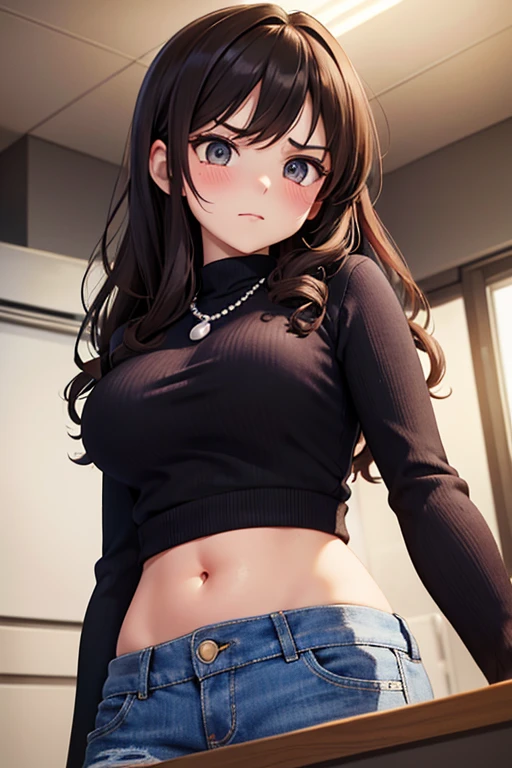 super fine illustration, vibrant colors, masterpiece, sharp focus, best quality, depth of field, cinematic lighting, ultra detailed, t shirt , short sleeves, MILF, 1 woman, solo, midriff, tummy, belly button, large navel, lying on sofa, close up, looking down, medium breasts, curly hair, long hair, skirt, pearl necklace, makeup, dark brown hair, blushing, afraid, embarrassed, low angle, innie, hands on own cheeks, facing down
