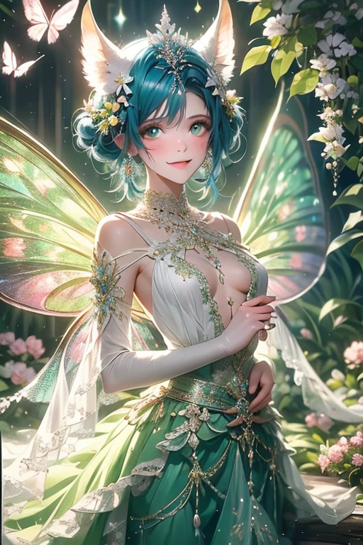 (8K、RAW photo、highest quality、masterpiece:1.2)、detailed background、beautiful and detailed face、beautiful and smooth skin、skin texture、professional lighting、Multiple little fairies、Fairy wearing a cute flower costume、Cute Ponytail,(big breasts:1.2)、emphasize the chest、sweet pea、A flower that blooms in spring, characterized by its pretty appearance and sweet scent..。