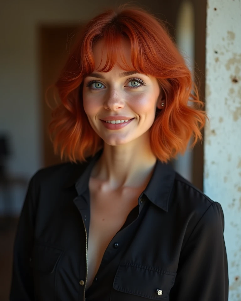 Une femme rousse, au charme irrésistible, se tient avec une aisance élégante devant l'objectif d'un appareil photo. Ses cheveux, d'un rouge éclatant, sont coupés en un carré parfait qui encadre son visage avec une sophistication moderne. Chaque mèche brille sous la lumière, mettant en valeur la profondeur de sa couleur et la texture soignée de sa coiffure.
Elle affiche un sourire radieux et confiant, ses lèvres légèrement retroussées en un sourire qui dégage à la fois chaleur et assurance. Ses yeux, pétillants et pleins de vie, captent la lumière et ajoutent une étincelle de joie et de charme à son expression. Sa tenue, peut-être un vêtement chic mais décontracté, complète parfaitement son look, mettant en valeur sa silhouette avec élégance.
L'environnement autour d'elle peut être simple ou stylisé, mais le point focal reste sa présence magnétique et son sourire captivant. Elle se tient avec une posture détendue mais assurée, prête à capturer un instant parfait. L'ensemble de la scène est baigné d'une lumière douce et flatteuse qui accentue la beauté naturelle de la femme rousse et l'instant précieux qu'elle est en train de vivre.