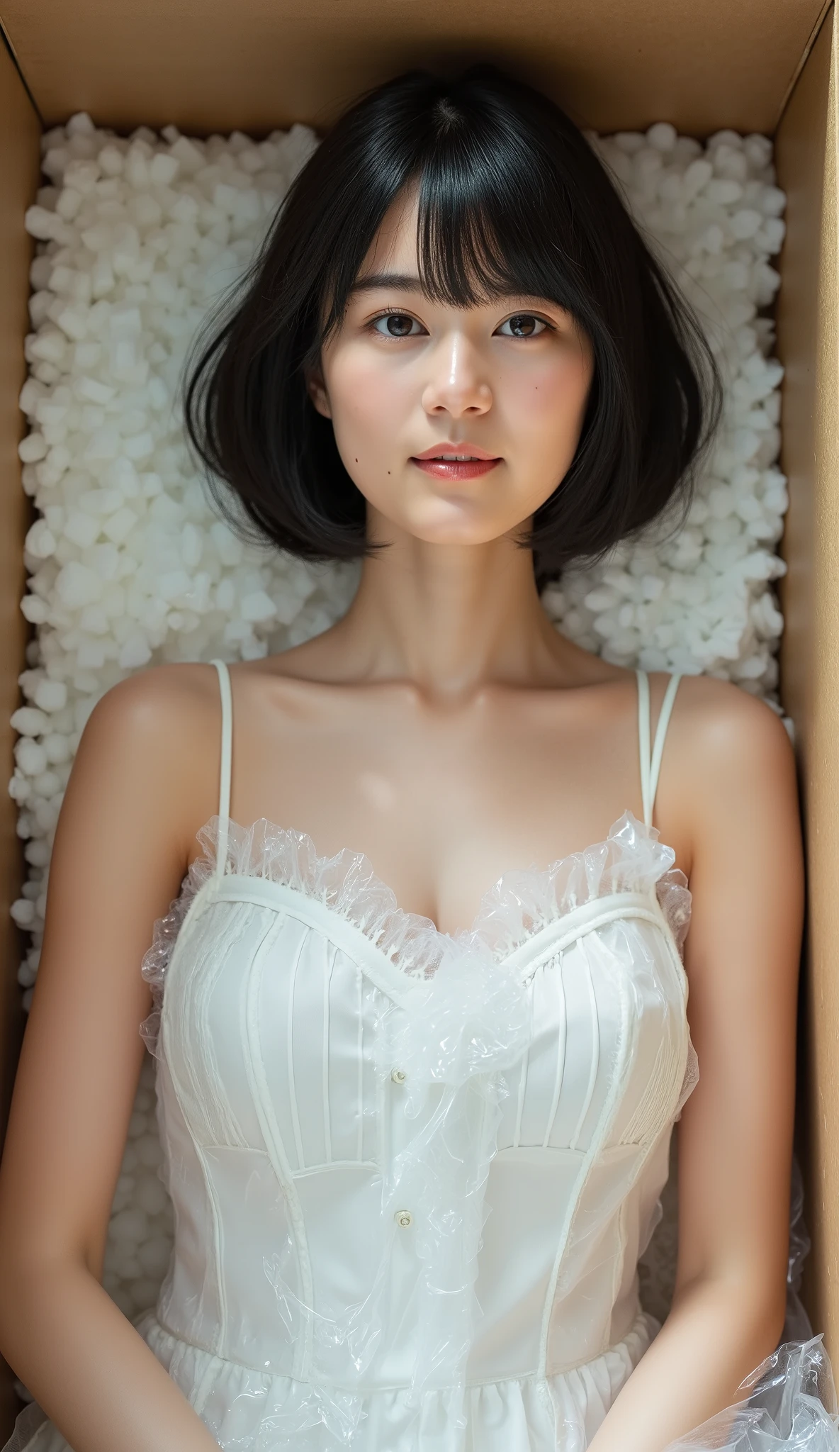 The high resolution photograph of a young Japanese woman, realistic, photo-realistic, masterpiece, best quality, intricate details, extremely detailed, sharp focus, professional lighting, (front view, from above:1.2), solo, 1girl, (lying on her back without expression on her face, lying face up inside a life-sized cardboard box filled with small foam polystyrene cushioning material, a transparent plastic bag all over her whole body, instruction manual in the cardboard box:1.2), glamorous body, small head, short black hair, pale skin, fine-textured skin, shiny skin, natural make-up, large breasts, wearing a sundress, anatomically correct proportions,