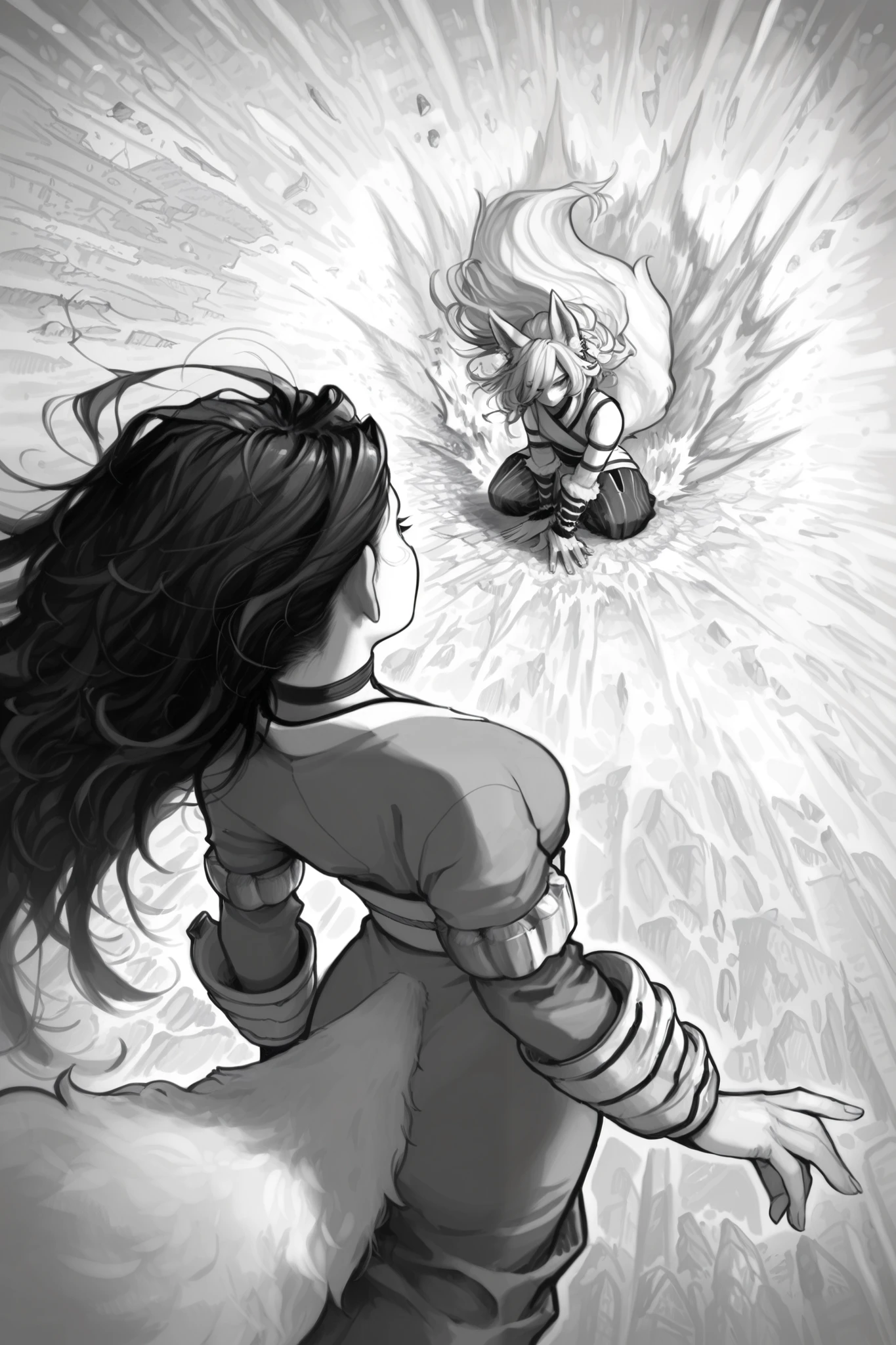 score_9, score_8_up, score_7_up, score_6_up, score_5_up, score_4_up, Kohei Horikoshi, My Hero Academia, monochrome, greyscale
BREAK
(masterpiece: 1.0), best quality, monochrome, greyscale, crosshatching, directional hatching, gradients in shading, perfection, highly detailed hatching /texture/, extremely shaded,
BREAK
1girl, Asian, long detailed hair, foreshortening, traditional kunoichi armlets, kimono, kitsune, fox ears, fox tail, high angle shot, 