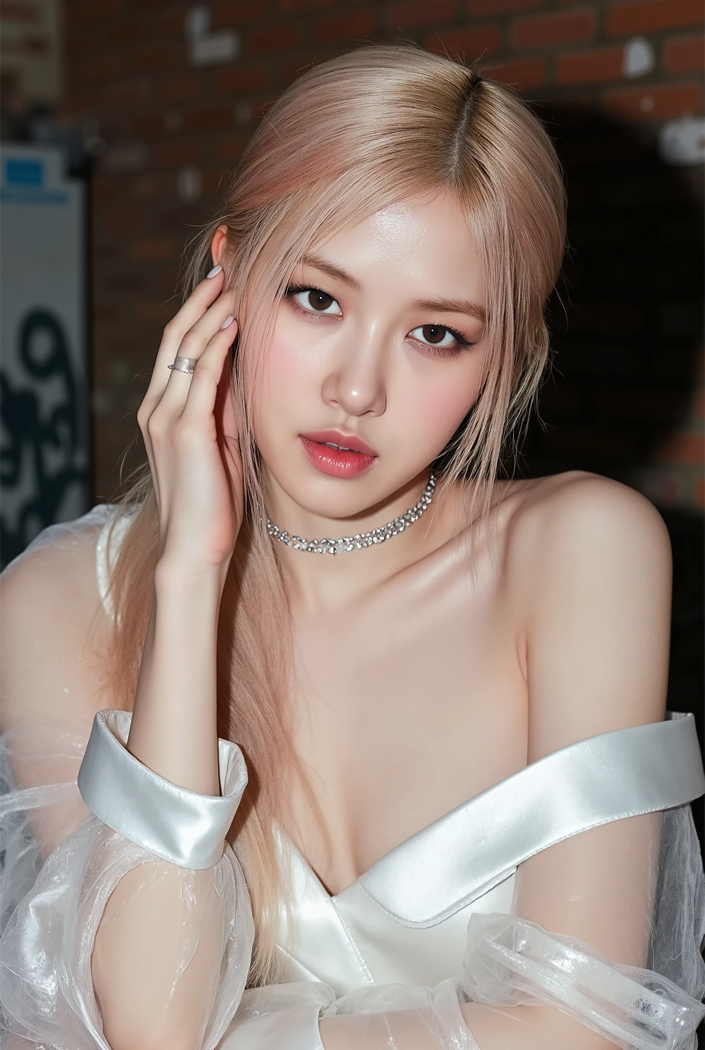 Realistic (photorealistic Realism), (high resolution), ((intricately detailed digital art)), professional photography, ((portrait)) a [[Rosé from blackpink]], (ultra realistic texture details: velvety skin, hair),(close- up eyes:1.3),((sharp focus, no blurry, high resolution, absurd quality, Realistic brown_eyes:1.4), intricately detailed:1.3), ((extremely fine details eyes)), ((extra narrow eyebrows)), (Carefully draw Long eyelashes), (perfect round eyes:1.3), (finely detailed pupils:1.3), ((extremely fine details pupils:1.3)), ((extremely fine details iris of the eyes:1.3)), (Shining, mesmerizing, Vibrant eyes:1.2), (professional makeup:1.4), ((perfect eyeshadows:1.4)), detailed lips:1.3, (apply glossy red_lipstick:1.34), (pink_makeup:1.3), (beautiful little nose), (perfect proportions:1.2),(small head),(anatomically correct), perfect female body, (firm and full breasts), (Super beautiful), (vivid and colorful), The attention to detail, focus of girl, dynamic pose, sexy and seductive, flirty smile, dslr, high quality split lighting, sharp focus captured by Fujifilm XT3, f 5.6, in a dramatic lighting. (perfect composition), (Style your hair, Long Hair, Blonde, My hair is messy, ((pink)) highlights, has hair on one eye), choker, ((Brick wall, Graffiti)), (oversized shirt,Outside the shoulder, transparent white shirt), exquisite balance of shadows, look at the viewer,