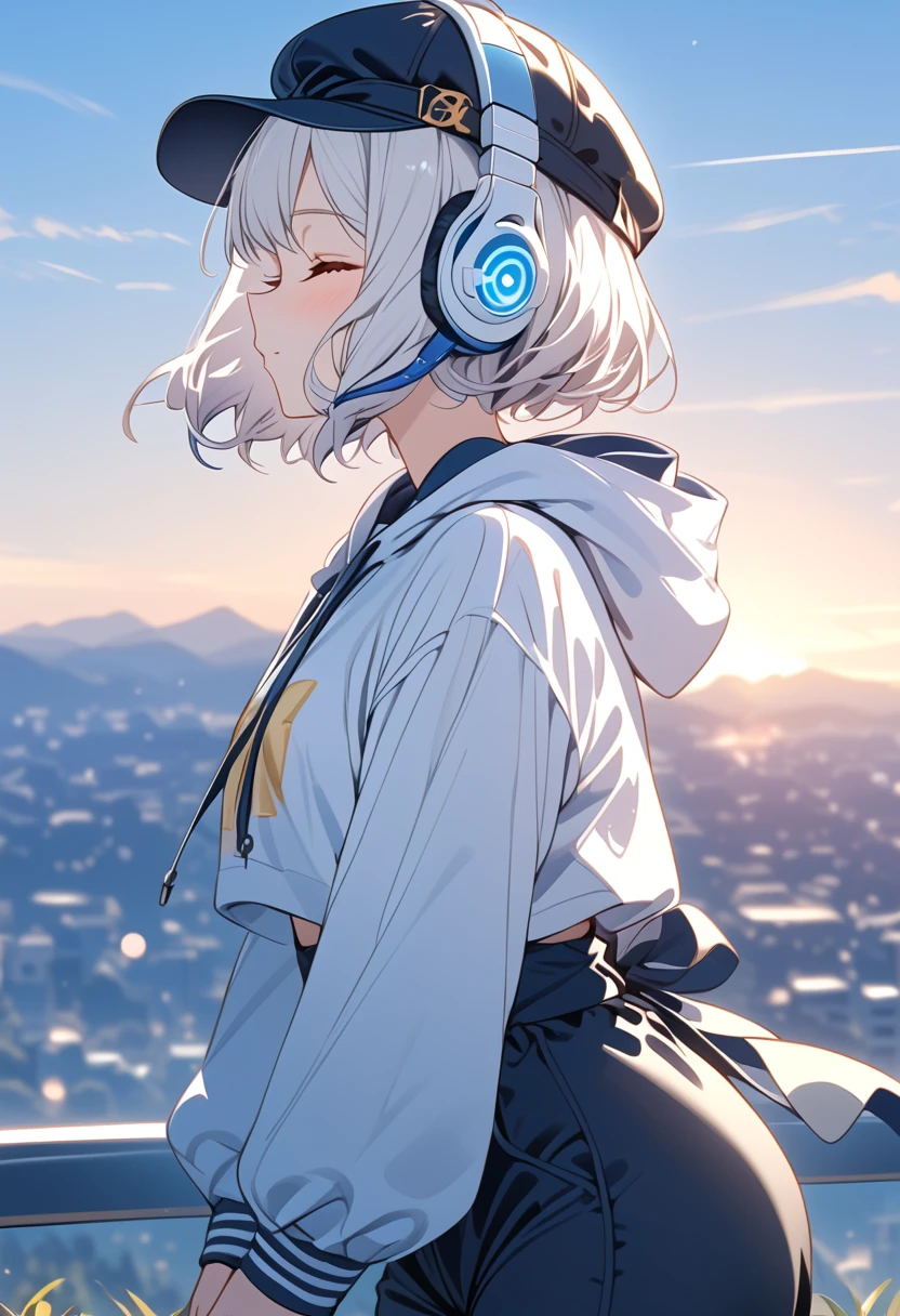 {{{masterpiece}}}, {{{ top quality }}}, {{ ultra detail}}, { cute, detail eyes},((side view,closed eyes)),  1 girl, Alone, ((white hair,pixie cut)),((((white headphones))),(((white hoodie))),(((black cabbie hat))),(black Palazzo pants),((standing)),Midea,sunrise,clear sky