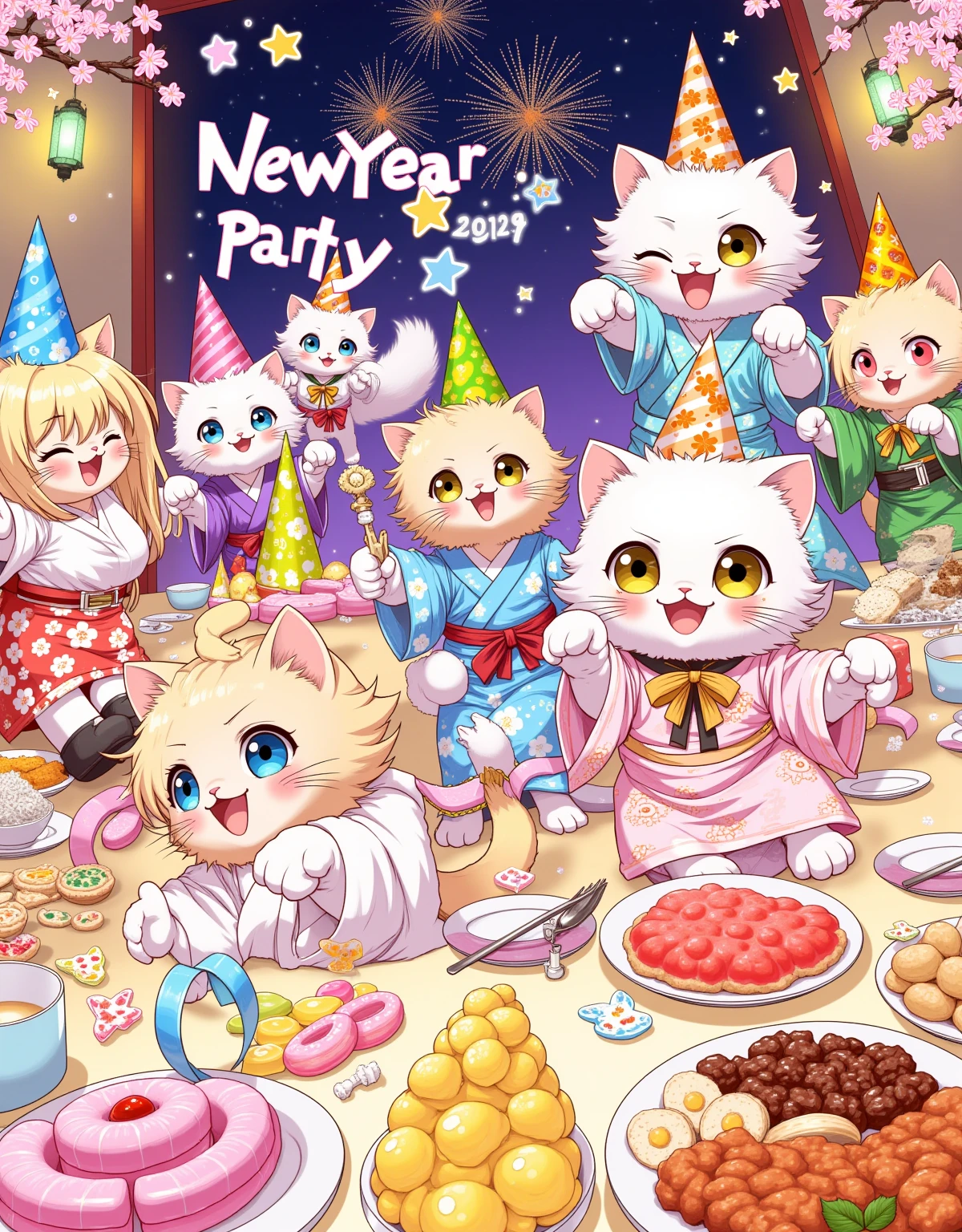 A lively New Year Party scene drawn in a fantasy anime style. The focus is on several cute kittens, with large, expressive eyes and dynamic poses. They are all wearing colorful, triangular party hats with exaggerated points. The kittens are dressed in playful, anime-inspired outfits, such as tiny kimonos with floral patterns, and little school uniforms with bright bows. The party is held in a vibrant, anime-style room filled with colorful decorations, such as paper lanterns, streamers, and cherry blossom branches. The tables are overflowing with delicious-looking treats, including colorful candies, rice balls, and small bowls of ramen. The background features a detailed night sky with cartoonish fireworks and the text "New Year Party" displayed in a playful font. The overall image is characterized by vibrant colors, dynamic action lines, and a lighthearted, energetic feel.