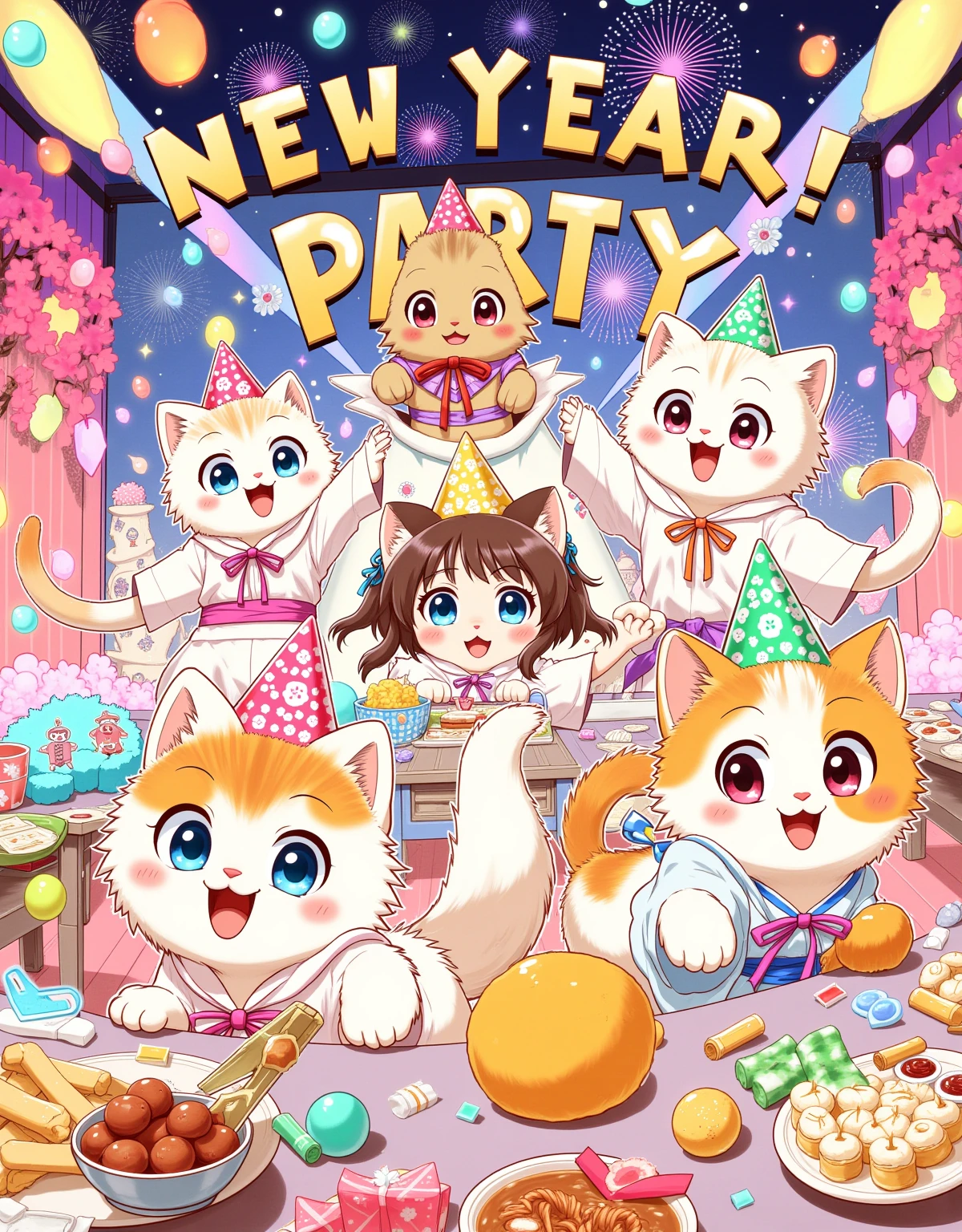 A lively New Year Party scene drawn in a fantasy anime style. The focus is on several cute kittens, with large, expressive eyes and dynamic poses. They are all wearing colorful, triangular party hats with exaggerated points. The kittens are dressed in playful, anime-inspired outfits, such as tiny kimonos with floral patterns, and little school uniforms with bright bows. The party is held in a vibrant, anime-style room filled with colorful decorations, such as paper lanterns, streamers, and cherry blossom branches. The tables are overflowing with delicious-looking treats, including colorful candies, rice balls, and small bowls of ramen. The background features a detailed night sky with cartoonish fireworks and the text "New Year Party" displayed in a playful font. The overall image is characterized by vibrant colors, dynamic action lines, and a lighthearted, energetic feel.