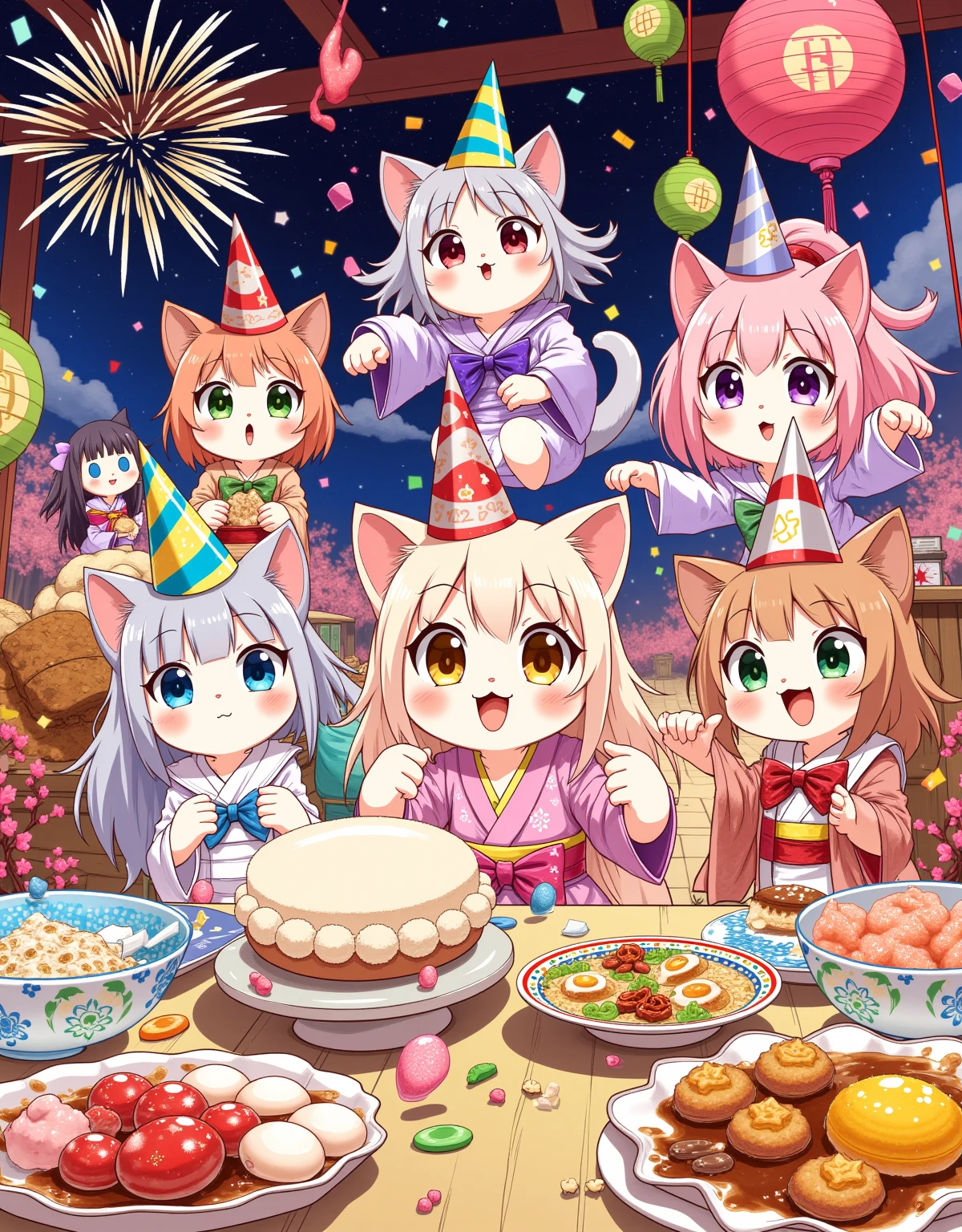 A lively New Year Party scene drawn in a fantasy anime style. The focus is on several cute kittens, with large, expressive eyes and dynamic poses. They are all wearing colorful, triangular party hats with exaggerated points. The kittens are dressed in playful, anime-inspired outfits, such as tiny kimonos with floral patterns, and little school uniforms with bright bows. The party is held in a vibrant, anime-style room filled with colorful decorations, such as paper lanterns, streamers, and cherry blossom branches. The tables are overflowing with delicious-looking treats, including colorful candies, rice balls, and small bowls of ramen. The background features a detailed night sky with cartoonish fireworks and the text "New Year Party" displayed in a playful font. The overall image is characterized by vibrant colors, dynamic action lines, and a lighthearted, energetic feel.