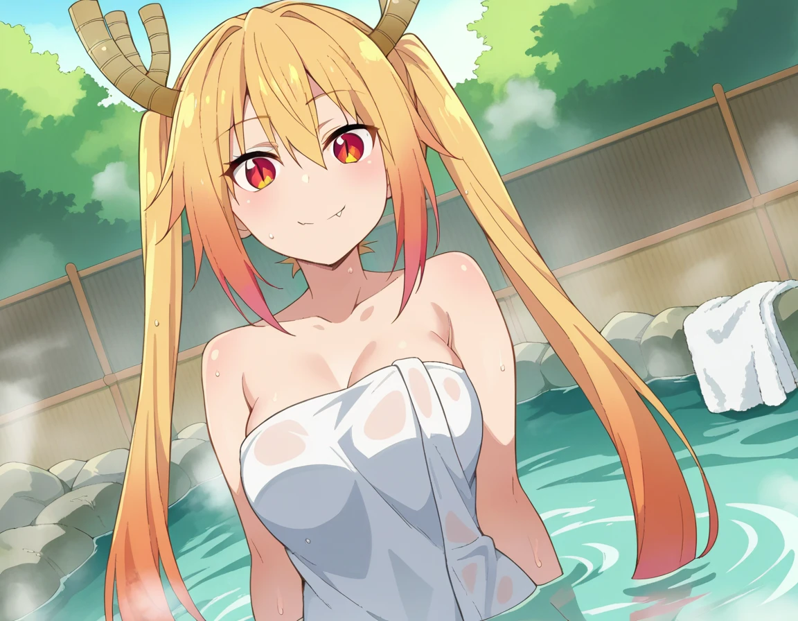 score_9, score_8_up, score_7_up, source_anime,
dragontohru, tohru, long hair, bangs, blonde hair, hair between eyes, twintails, very long hair, multicolored hair, horns, fang, gradient hair, dragon horns, red eyes, slit pupils,

 , outdoors, onsen, towel, , steam, bathing, , partially submerged, water, bath, steam censor, looking at viewer, cowboy shot, dutch angle, solo, ,smile