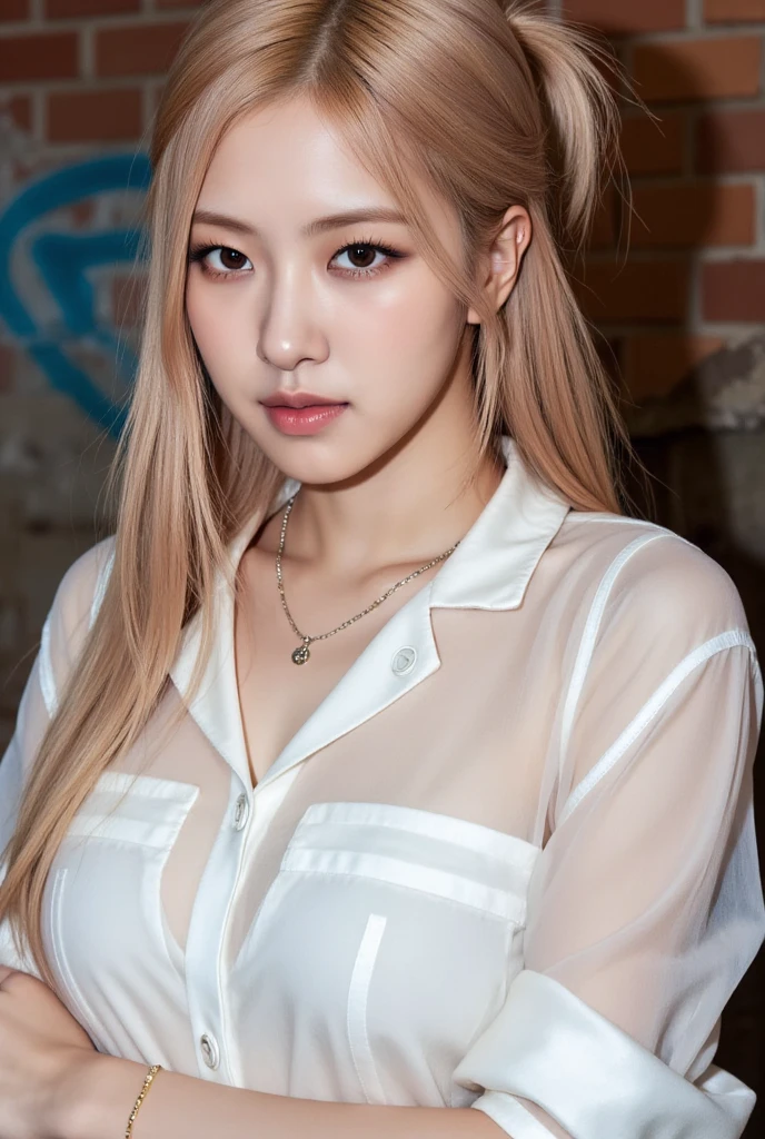 Realistic (photorealistic Realism), (high resolution), ((intricately detailed digital art)), professional photography, ((portrait)) a [[Rosé from blackpink]], (ultra realistic texture details: velvety skin, hair),(close- up eyes:1.3),((sharp focus, no blurry, high resolution, absurd quality, Realistic brown_eyes:1.4), intricately detailed:1.3), ((extremely fine details eyes)), ((extra narrow eyebrows)), (Carefully draw Long eyelashes), (perfect round eyes:1.3), (finely detailed pupils:1.3), ((extremely fine details pupils:1.3)), ((extremely fine details iris of the eyes:1.3)), (Shining, mesmerizing, Vibrant eyes:1.2), (professional makeup:1.4), ((perfect eyeshadows:1.4)), detailed lips:1.3, (apply glossy red_lipstick:1.34), (pink_makeup:1.3), (beautiful little nose), (perfect proportions:1.2),(small head),(anatomically correct), perfect female body, (firm and full breasts), (Super beautiful), (vivid and colorful), The attention to detail, focus of girl, dynamic pose, sexy and seductive, flirty smile, dslr, high quality split lighting, sharp focus captured by Fujifilm XT3, f 5.6, in a dramatic lighting. (perfect composition), (Style your hair, Long Hair, Blonde, My hair is messy, ((pink)) highlights, has hair on one eye), choker, ((Brick wall, Graffiti)), (oversized shirt,Outside the shoulder, transparent white shirt), exquisite balance of shadows, look at the viewer,