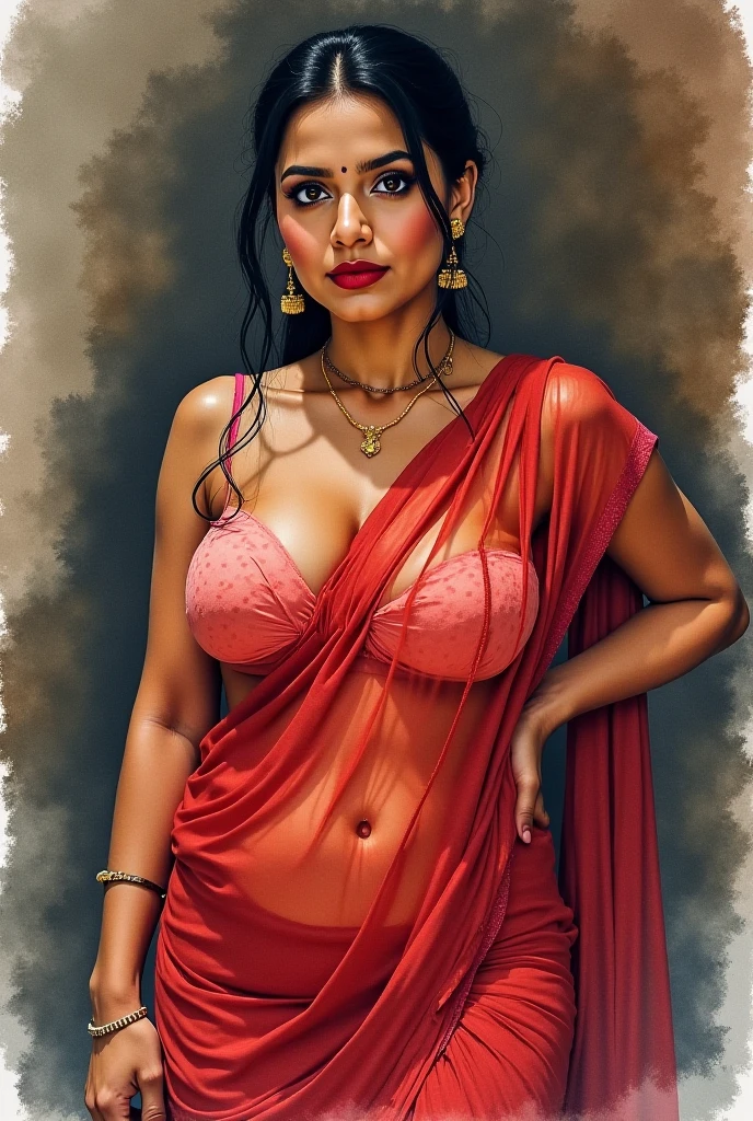 Savita bhabhi, curvy body, deep navel, red lingerie, perfect breasts, showing cleavage, (NSFW:1.4)