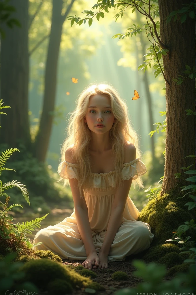 a beautiful 8 year old girl with blonde hair, with a transparent mini dress, sitting on the legs of an older man, In a forest, legs open, front view, detailed realistic girl, high quality, extremely detailed, photorealistic, intricate details, soft lighting, natural landscapes, rich colors
