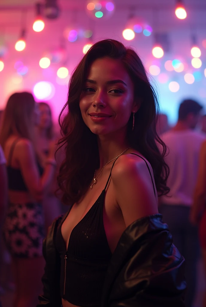 A brunette woman, slim, with medium, wavy hair in candid photos at the nightclub